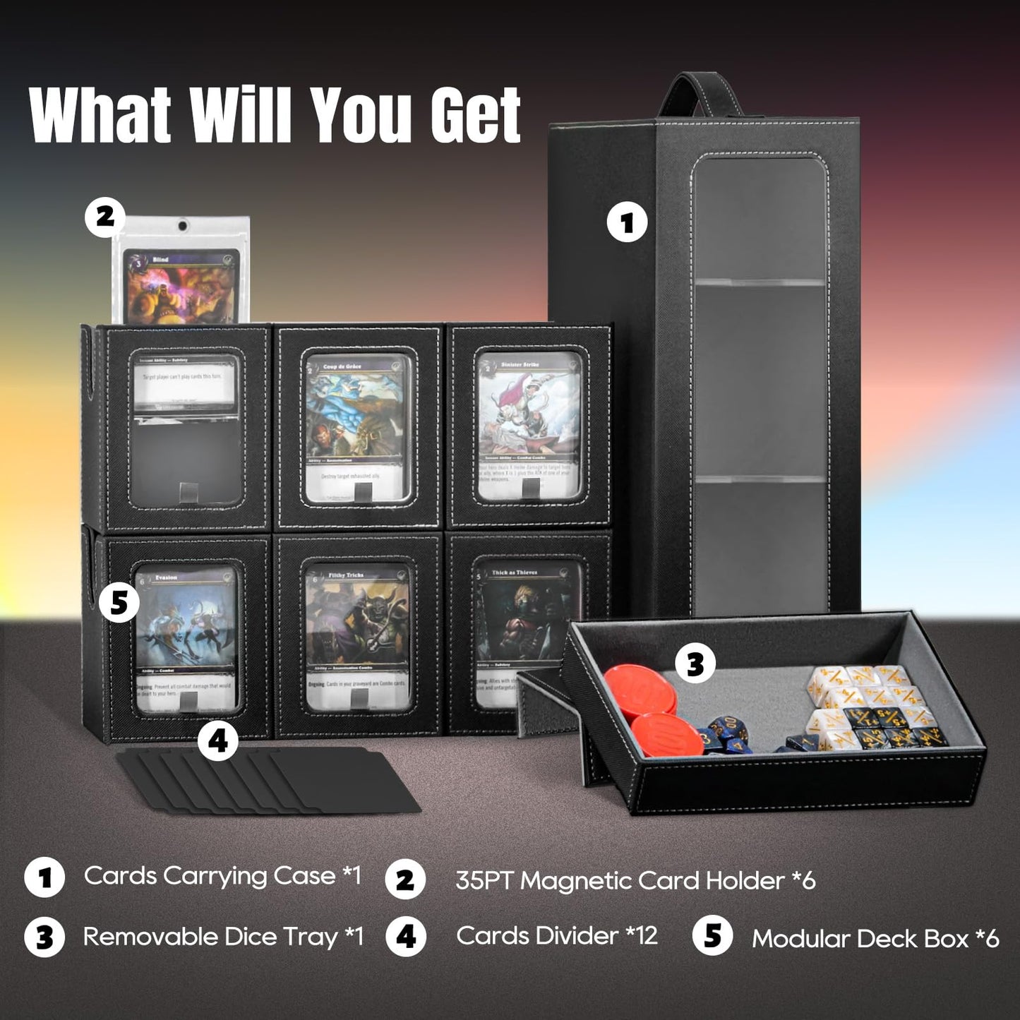 FJZLIFE MTG Commander Deck Box,6-Deck Modular Card Case with Dice Tray,Holds 600+ Double-Sleeved Cards,35PT Magnetic Card Holders,Removable Trading Card Storage Box for TCG&EDH,Black-Grey
