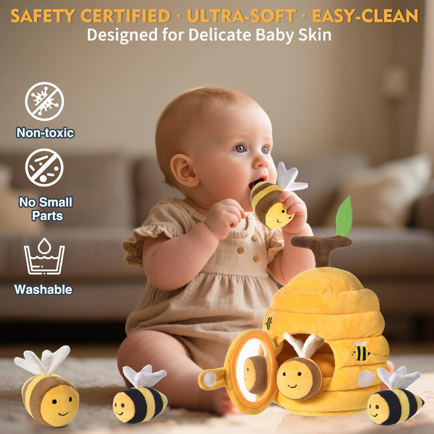 Alsatic Baby Toys for 1 Year Old, Soft Beehive with 5 Stuffed Bees, Crinkle, Rattle, Mirror, Montessori Toys for One Year Old Birthday Gift for 12-18 Months Baby Easter Basket Stuffers