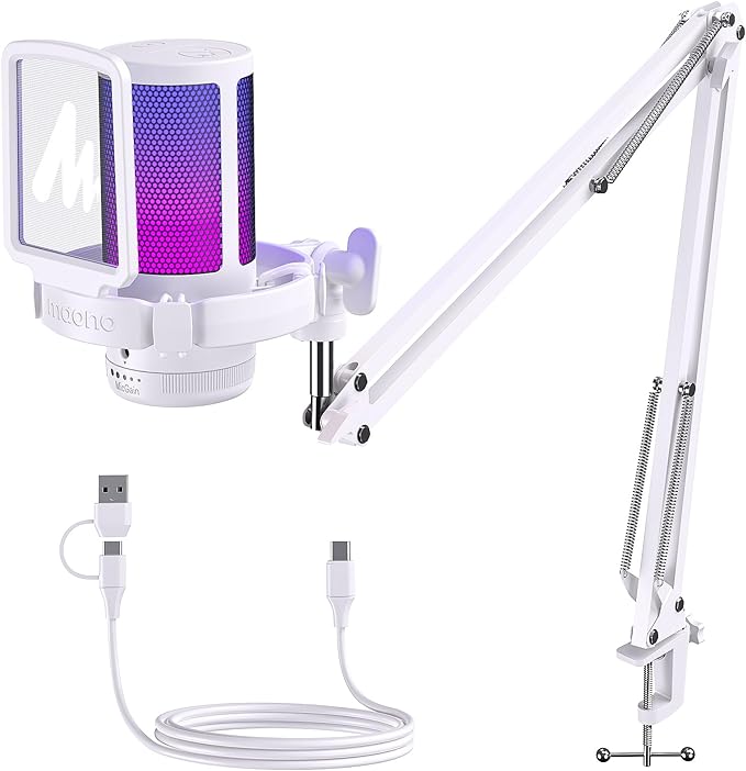 MAONO USB Gaming Microphone with Noise Cancellation, Computer PC Mic with Boom Arm, RGB Light, Mute, Gain, Monitoring Streaming Mic for Podcast, YouTube, Twitch, Discord, PS5/4, GamerWave DGM20S