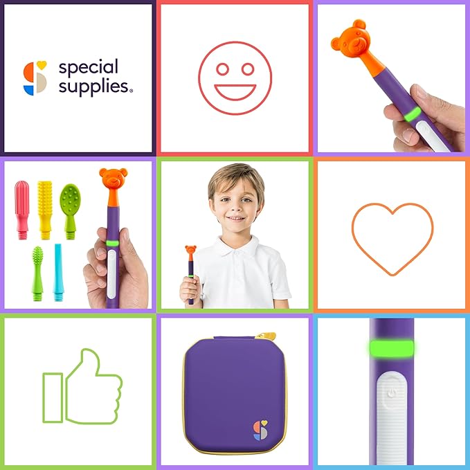 Special Supplies Buzz Buddy Oral Motor Stimulation Kit with 6 Soft Textured Interchangeable Heads, Calm Sensory Needs, Support Speech, and Stimulate Self Feeding, Gentle Vibrations (Purple)