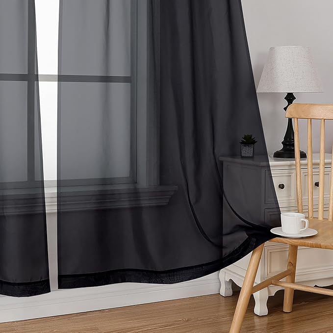 Simplebrand Black Short Sheer Curtains 45 Inch Length for Small Windows, Rod Pocket 2 Panels Set Solid Voile Drapes Window Sheer Curtains for Bedroom Bathroom Kids Room Kitchen, 42x45 Inch