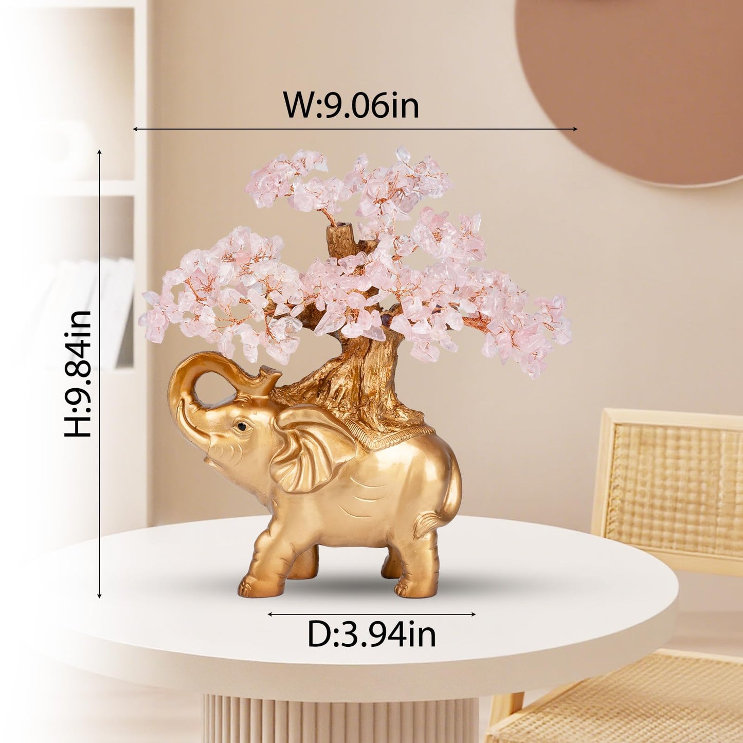 GEMBOURY Rose Quartz Crystal Money Tree on Gold Mini Elephant Statue, 10”Gemstone Bonsai Tree of Life Home Décor Gifts for Wealth Positive Energy, Feng Shui Décor