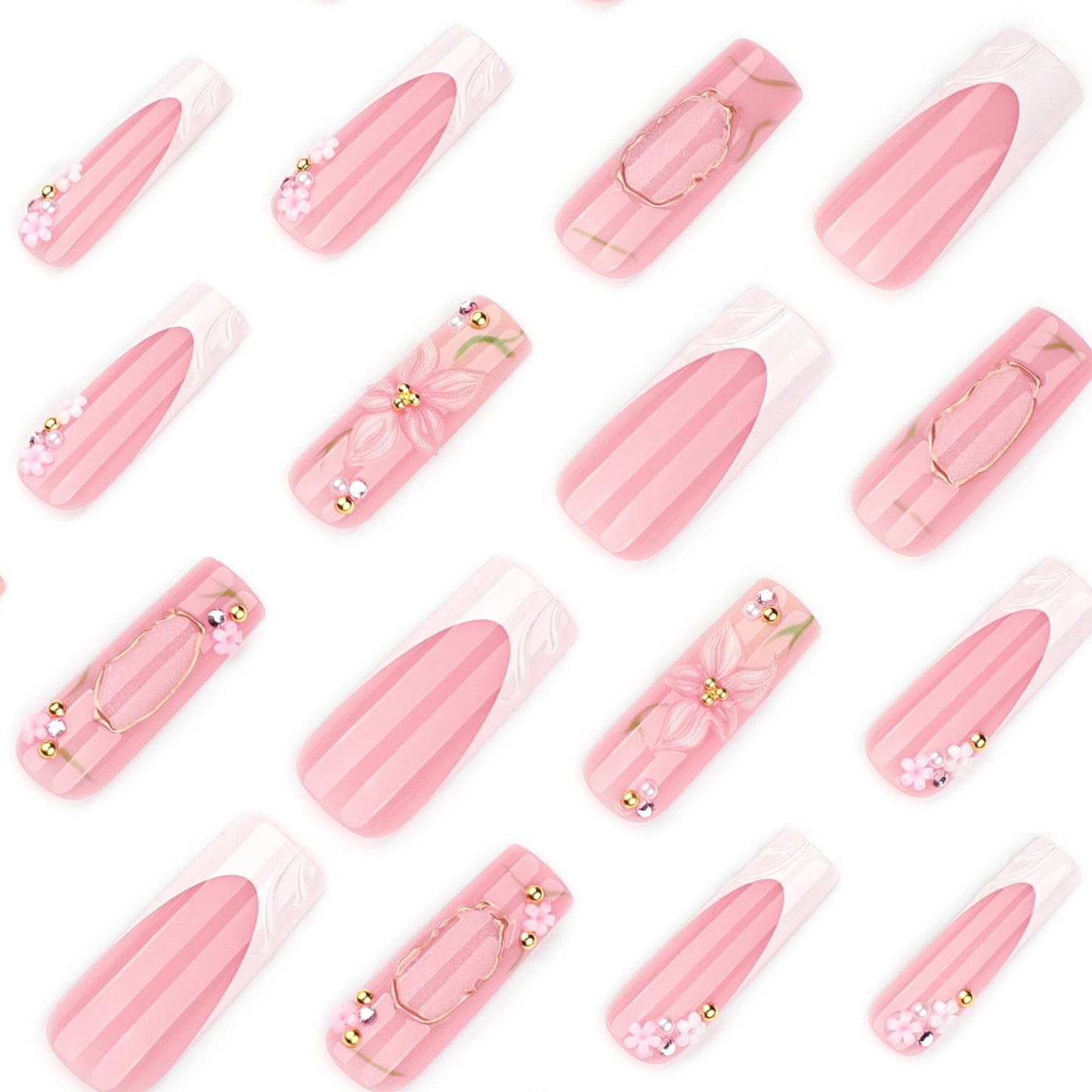 plalely Long Square Press on Nails,Handmade Acrylic Press on Nails with Designs，Long Press on Nail for Women 24pcs