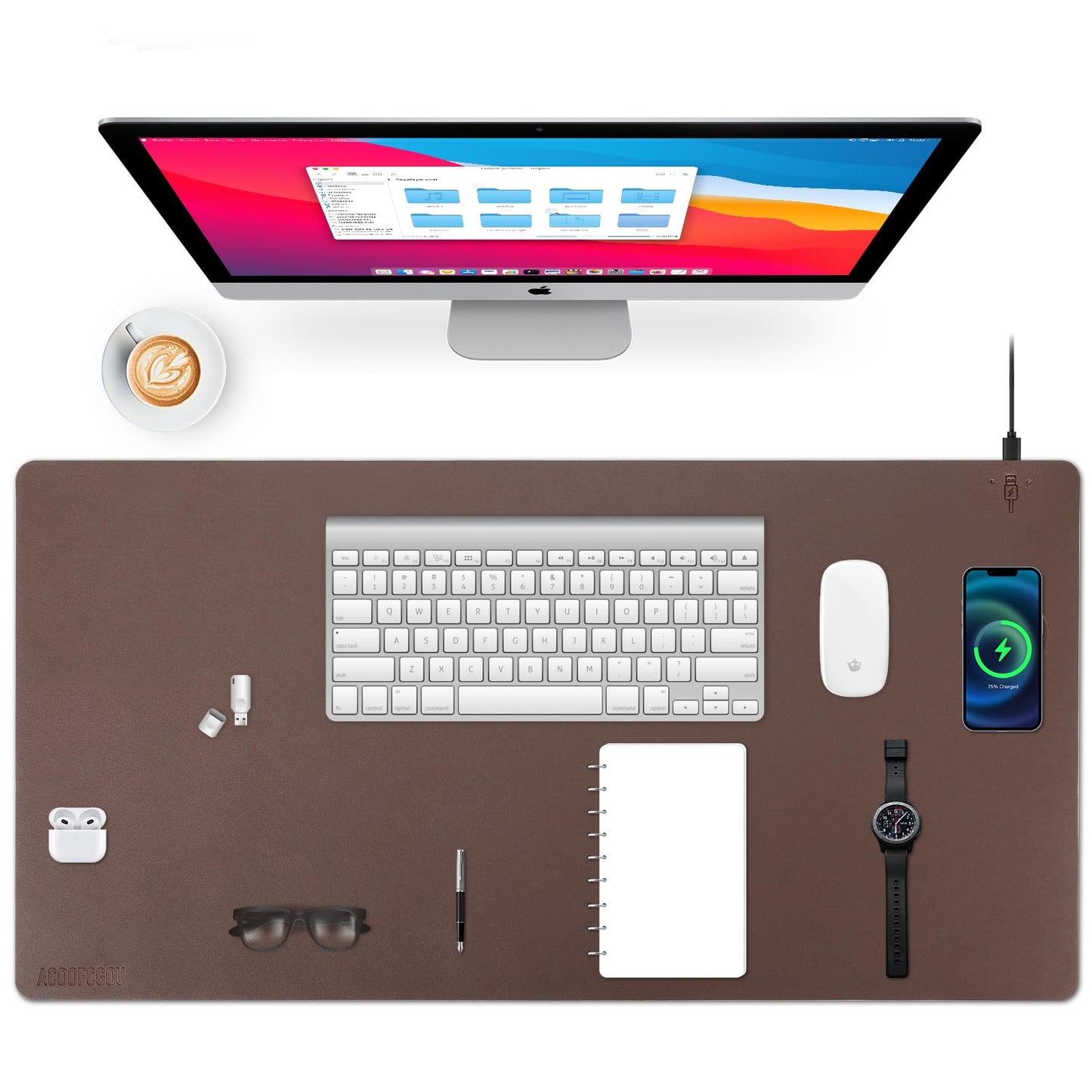 Wireless Charging Desk Mat with Desk Pad for Desktop Charging Large Mouse Pad Waterproof Leather Computer Mat Mouse Pad Non-Slip Protector on Top of Desks for Keyboard and Mouse (brown-r, 32*16inch)