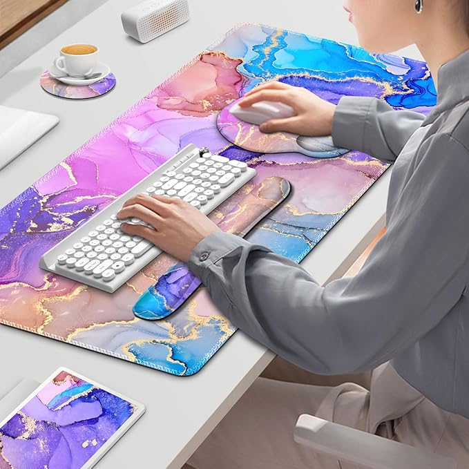 Gaming Mouse Pad, Large Desk Mat, Cute Desk Pad Protector, 4in1 XXL Mousepad + Keyboard Wrist Rest+Mouse Wrist Rest+Coaster Set with Ergonomic Desk Pad for Home Office PC Computer, Colorful Marble