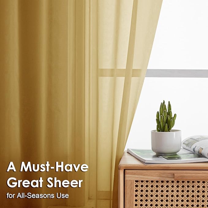 OVZME Gold Sheer Curtains 72 Inches Long 2 Panels - Soft Light Filtering Window Sheer Panels for Living Room/Bedroom, Top Dual Rod Pocket, 1 Pair, Each 42Wx72L Inches
