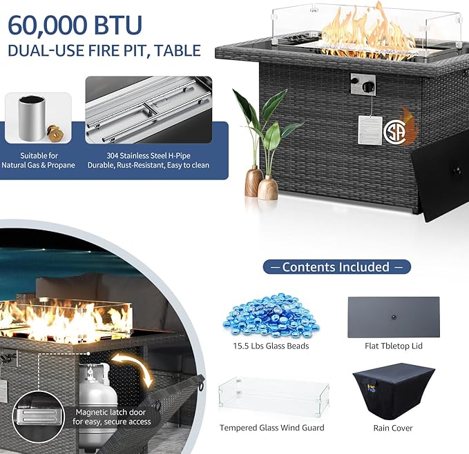 NICESOUL 13 Piece Outdoor Patio Furniture Set with Fire Pit, Extra Large 29.3'' High Back Patio Sofa Set w/Lounges, Oversized Wicker Outdoor Sectional with Fire Pit for Deck, Lawn, Yard, Gray & Navy