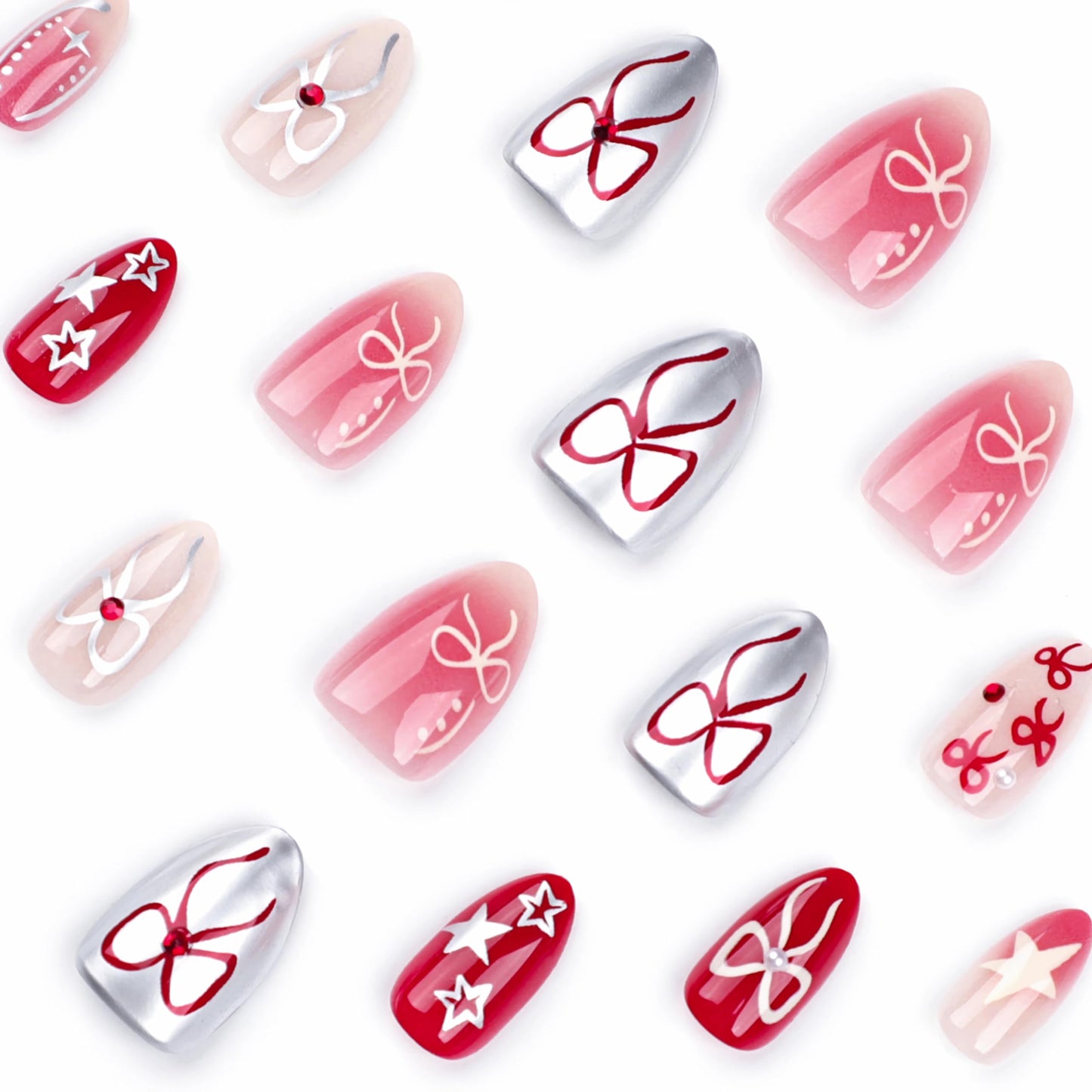 BABALAL Short Almond Press on Nails, Red Silver Chrome Acrylic Nails with Bow and Star Design, Y2K Full Cover Glue on Nails, 24Pcs