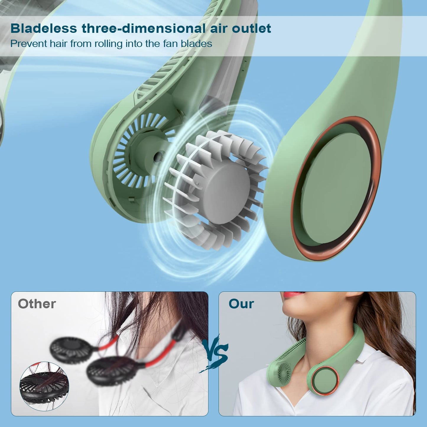 CIVPOWER Neck Fan: Portable Personal Neck Cooling Rechargeable Bladeless Fan - Hands Free 3 Speed 4000 mAh Battery USB Operated Wearable Headphone Design - Gift for Men Women Outdoor (Light Green)