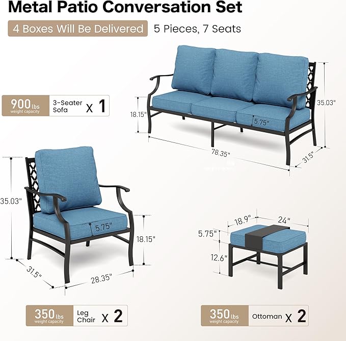 5 Piece Metal Outdoor Patio Furniture Set, Patio Conversation Sets 1 3-seater Sofa, 2 Fixed Chair, 2 Ottomans with 5.75" Thick Cushion, Black All-weather Frame Backyard Furniture, Navy