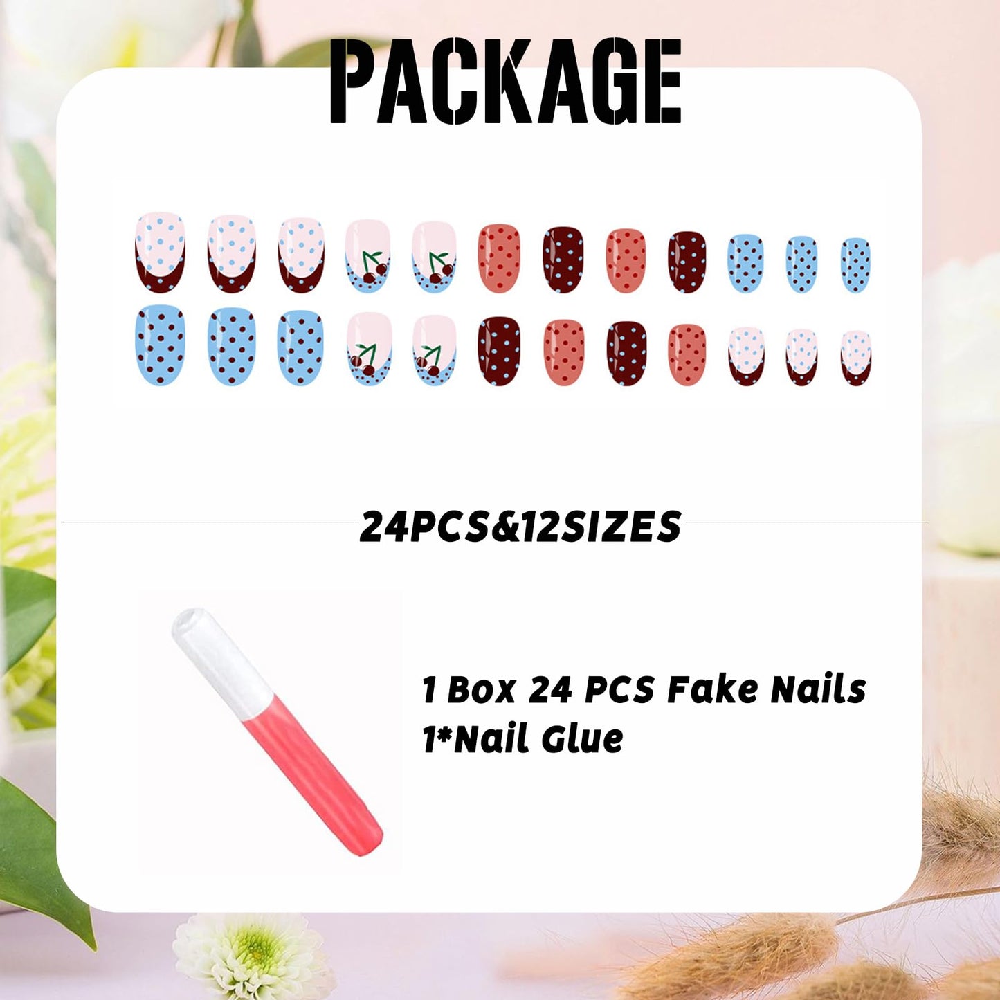 IMSOHOT Press on Nails Short Oval Fake Nails with Cherry, Polka Dot Designs Cute Pink Blue Glossy Full Cover Acrylic False Nails 24Pcs