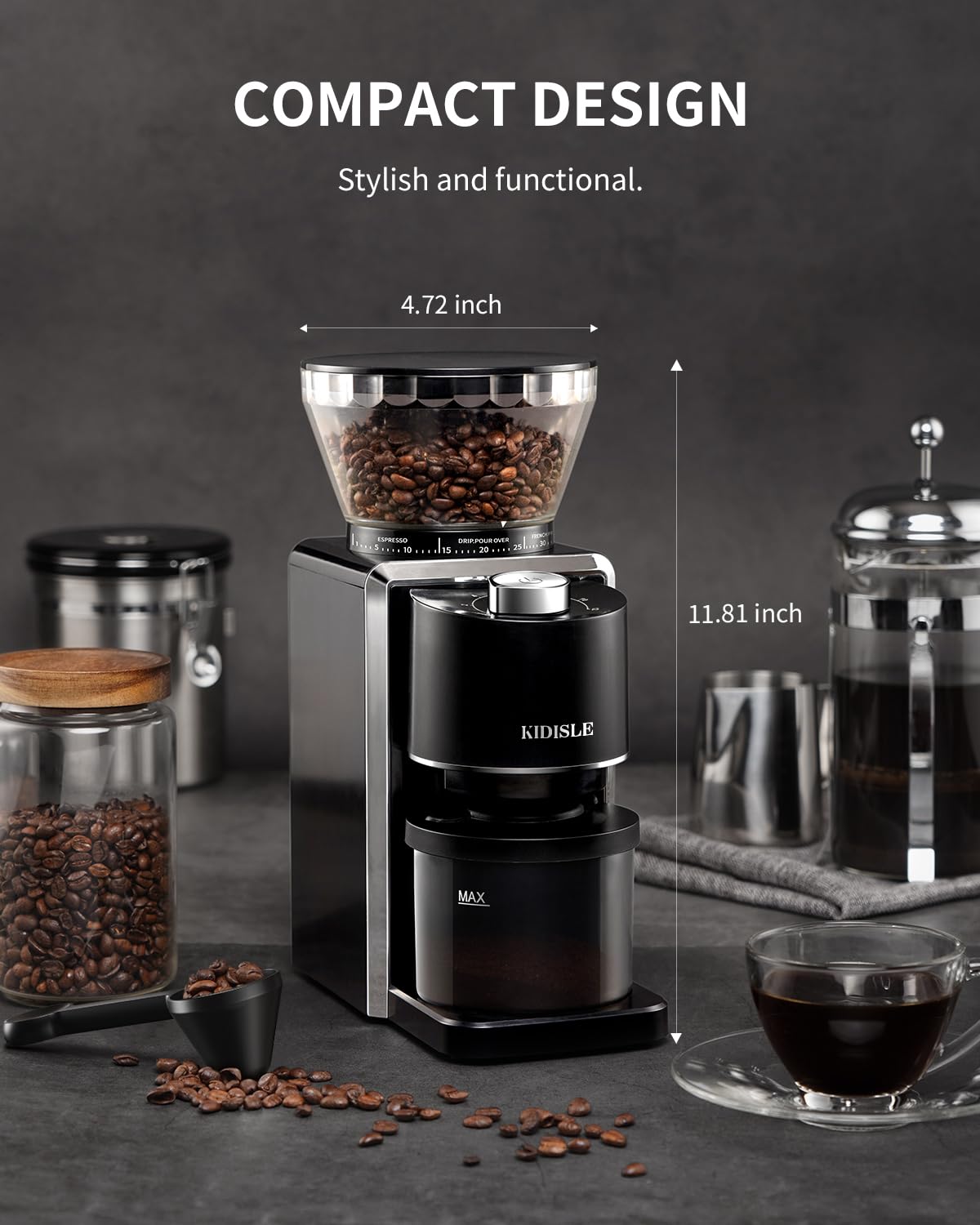 KIDISLE Conical Burr Coffee Grinder, Electric Coffee Bean Grinder for Precise Grinding, 35 Settings, 2–12 Cup Selector, Anti-Static Design for Home Use, Black