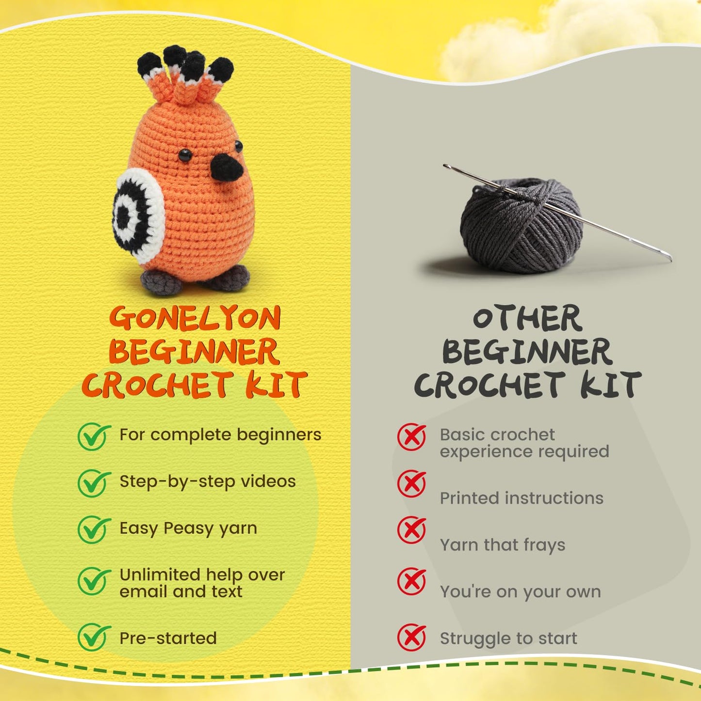 GONELYON Crochet Kit for Beginners, Crochet Kit for Beginners Crochet Starter Kits for Adults and Kids with Step by Step Video, 3 Kawaii Parrots DIY Yarn Plush