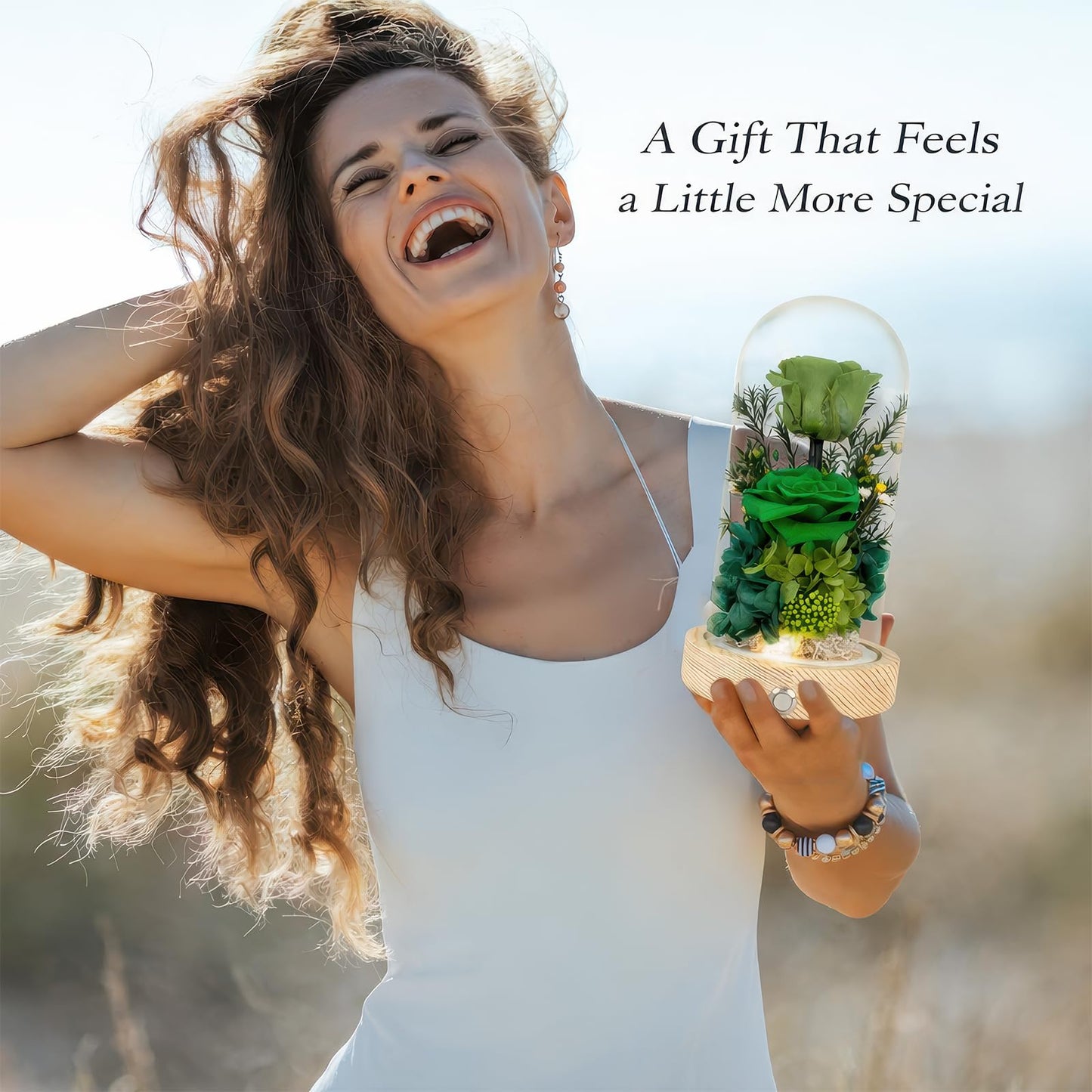 Regalo Flor Preserved Flowers Gifts for Women, Unique Green Preserved Roses in Glass Dome, Forever Flowers for Mom, Birthday Gifts for Women