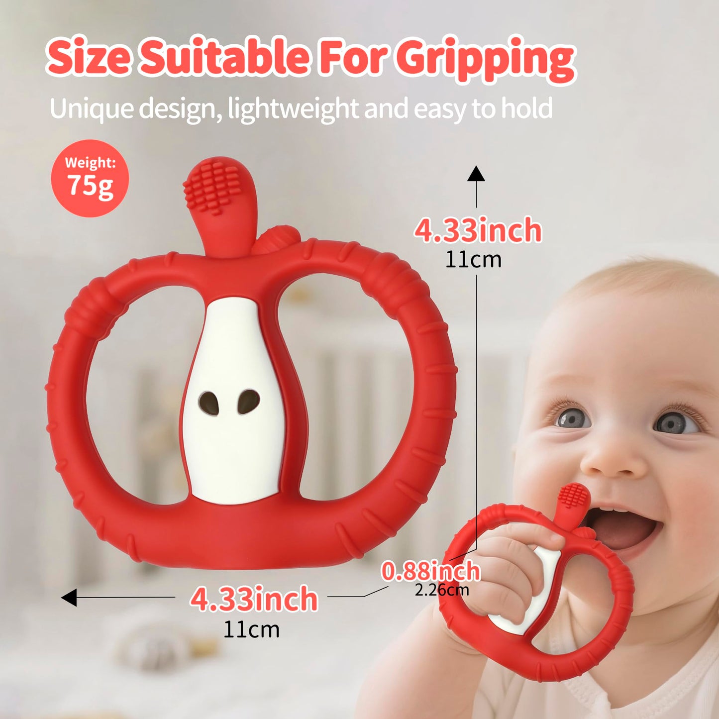 Vibrating Teether for Baby with Remote Control - Chewy Sensory Toy for Teething & Autism, 10-Speed Vibration Modes, USB Rechargeable, Food Grade Silicone Teether for Sensory Seekers (Red)