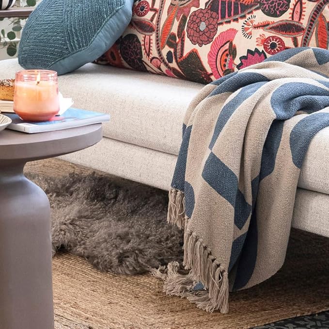 Bloomingville Woven Reclaimed Cotton Blend Printed Sheet with Abstract Design and Fringe, Blue and Beige Throw Blanket