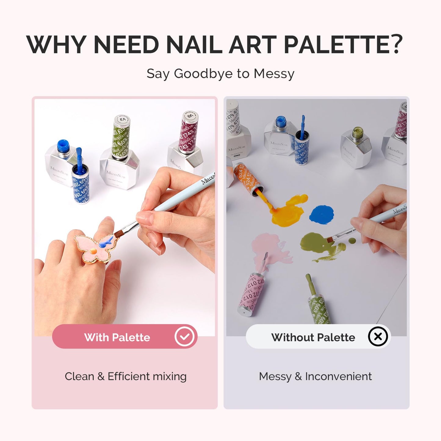 MelodySusie 4Pcs Acrylic Nail Brush Set and 4PCS Adjustable Resin Nail Art Palette Finger Rings Set