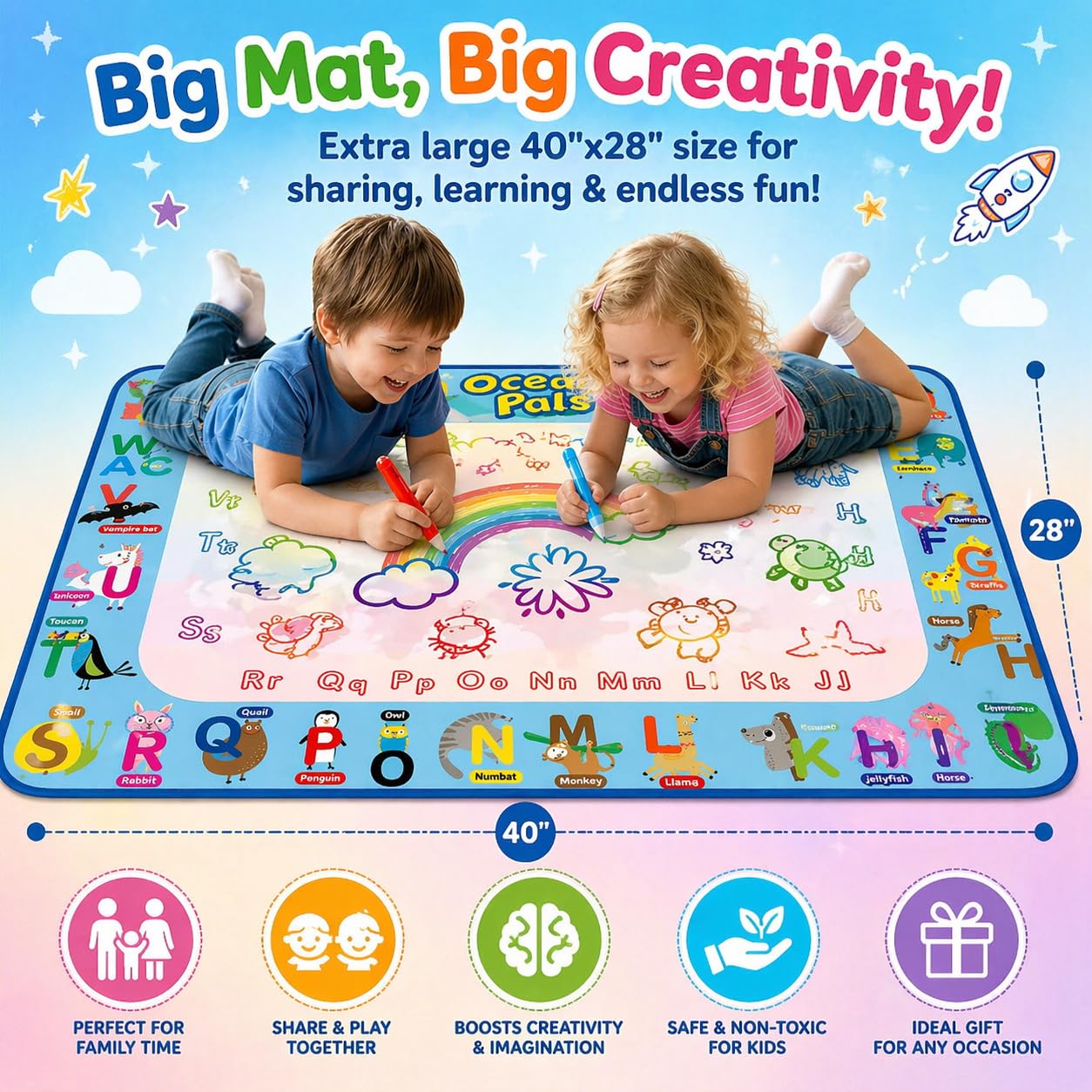 ANIMOLDS Water Doodle Mat for Kids, Large 40 x 32 Aqua Magic Reusable Drawing Mat, Mess Free Coloring & Writing Toy, Educational Gift for Toddlers Boys Girls