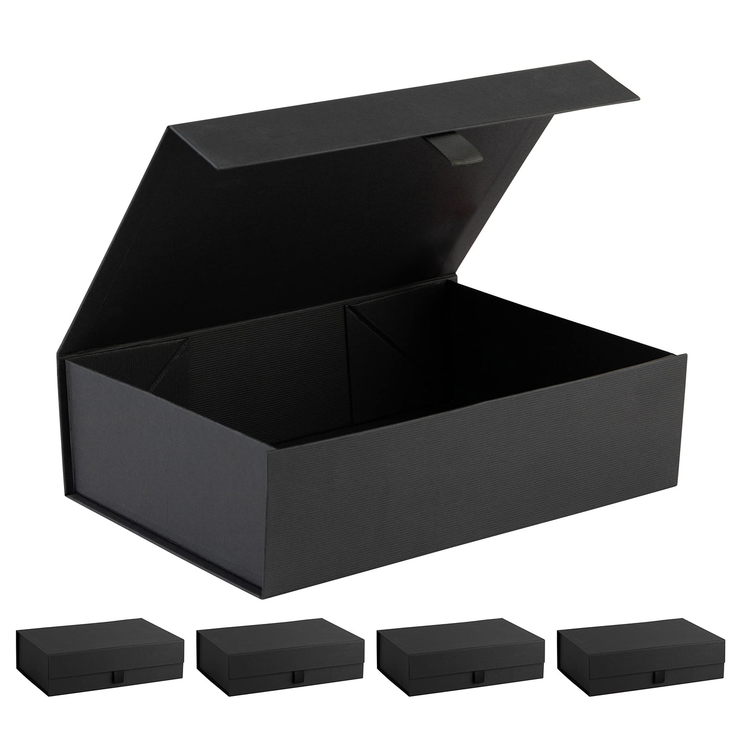 Purple Q Crafts Black Ribbed Hard Gift Box With Magnetic Closure Lid 14" x 9" x 4" Rectangle Favor Boxes With Classy Black Finish (5 Boxes)