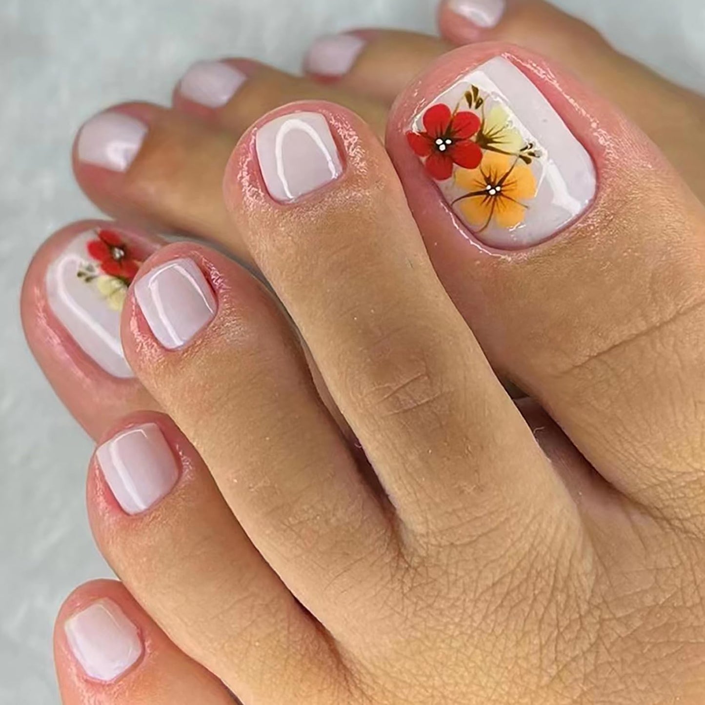 Press-On Coffin Nails with Flower Designs, Full Cover Reusable False Toenails with Adhesive Tab, Artificial Acrylic Fake Nails for Toe, Glue-On Toenails with Charm, Stick-On Toe Nails for Women