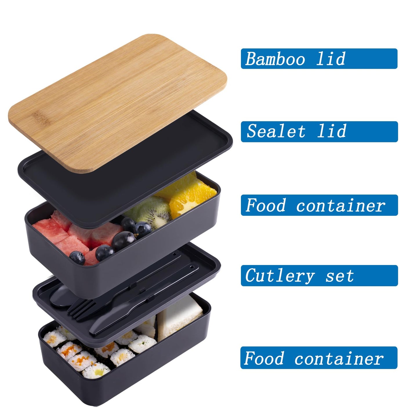 Japanese Bamboo Bento Box with Compartments and Utensils Stackable Lunch Box Includes Lunch Bag for Meal Prep Black