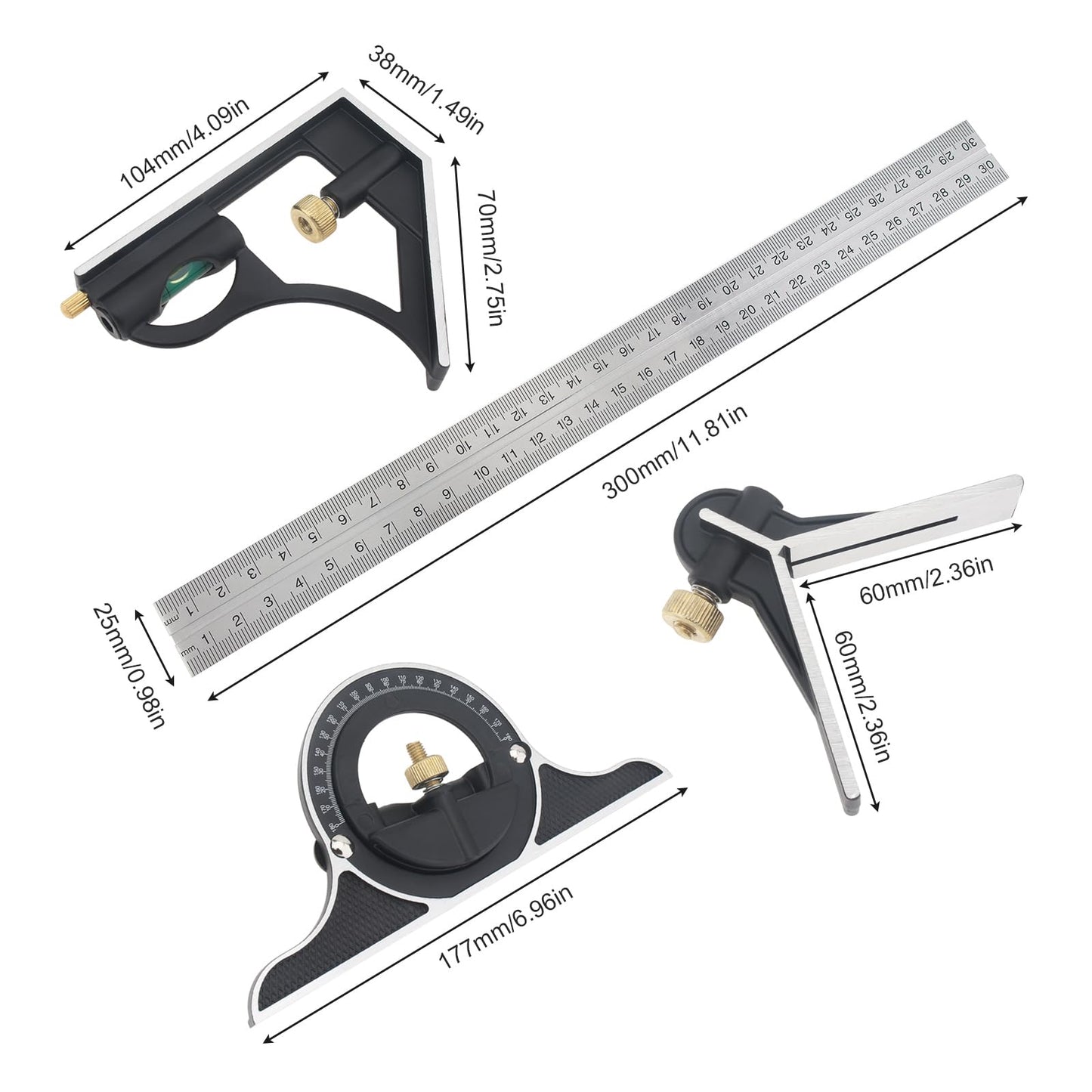 ChgImposs 12" Adjustable Sliding Combination Square Ruler & Protractor Level Measure Measuring Set, Inch/Metric