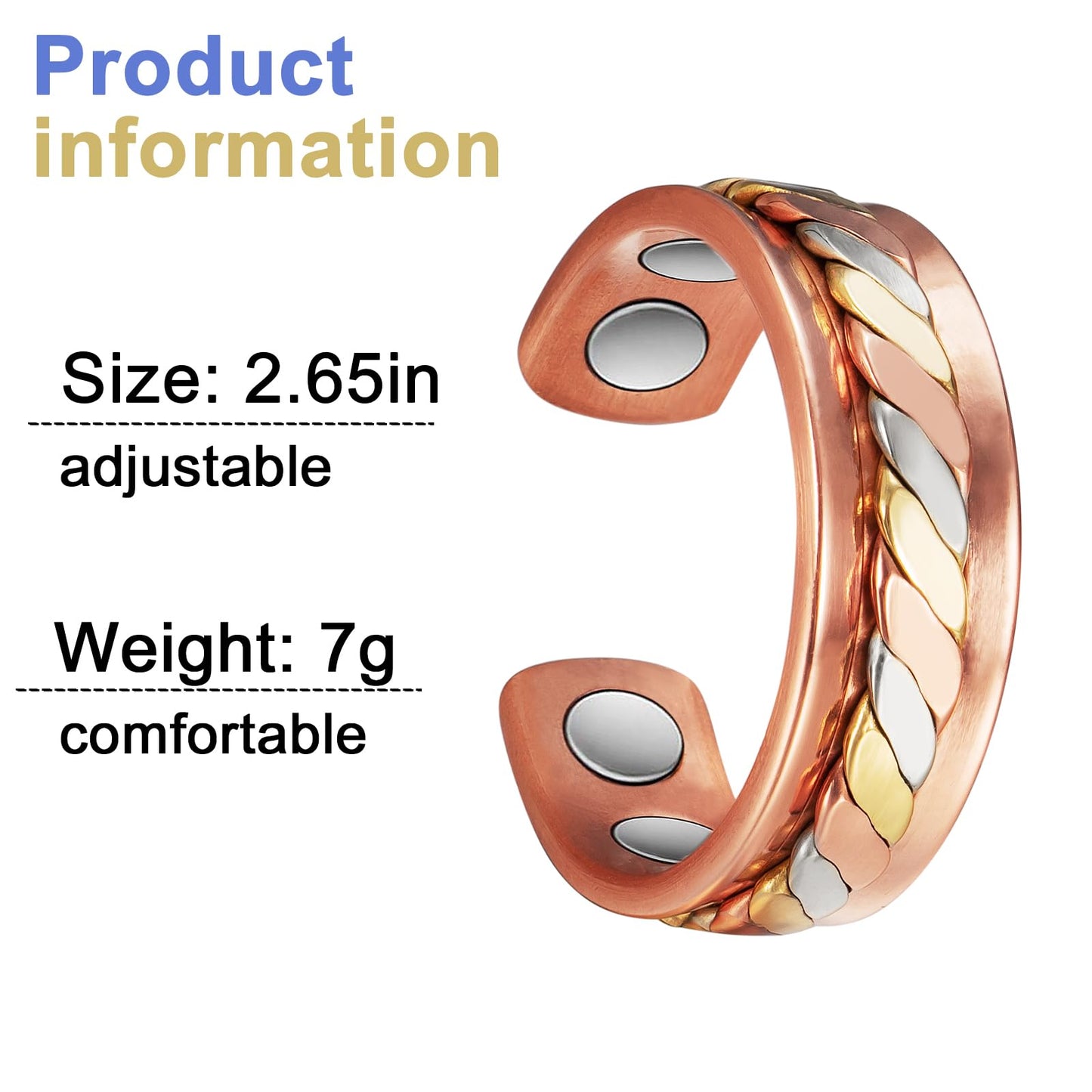 MagVIVACE Copper Rings for Men Women Magnetic Ring, Tricolor Gold 99.9% Solid Copper Couples Megnetfield Ring with Magnet (2.6 inch)