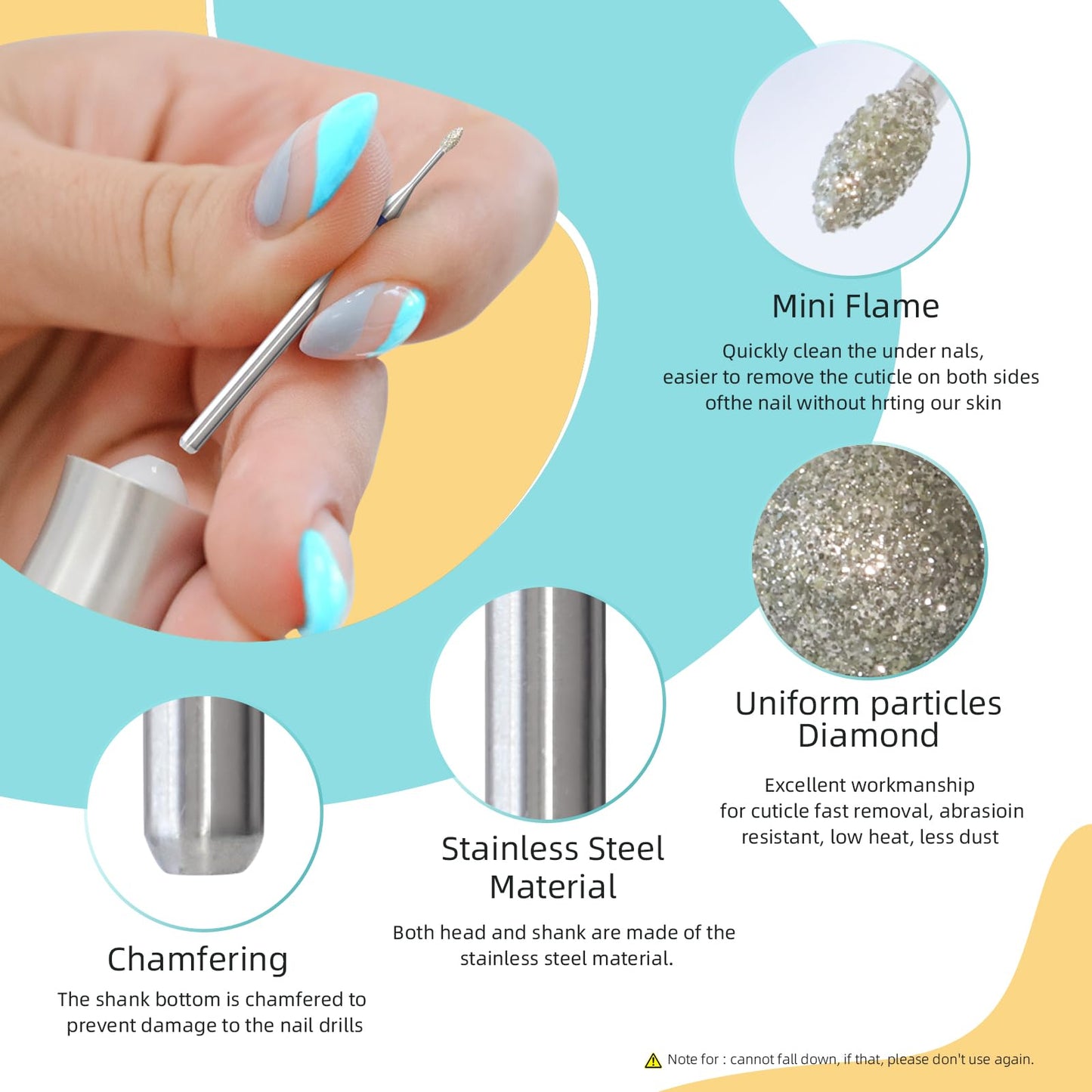 HYTOOS 1mm Mini Flame Cuticle Clean Nail Drill Bit, 5Pcs/Set Russian Diamond Nail Bits Professional Safety Under Nail Cleaner Burr for Cuticle Dead Skin, Electric Nails Drill Accessories, Medium