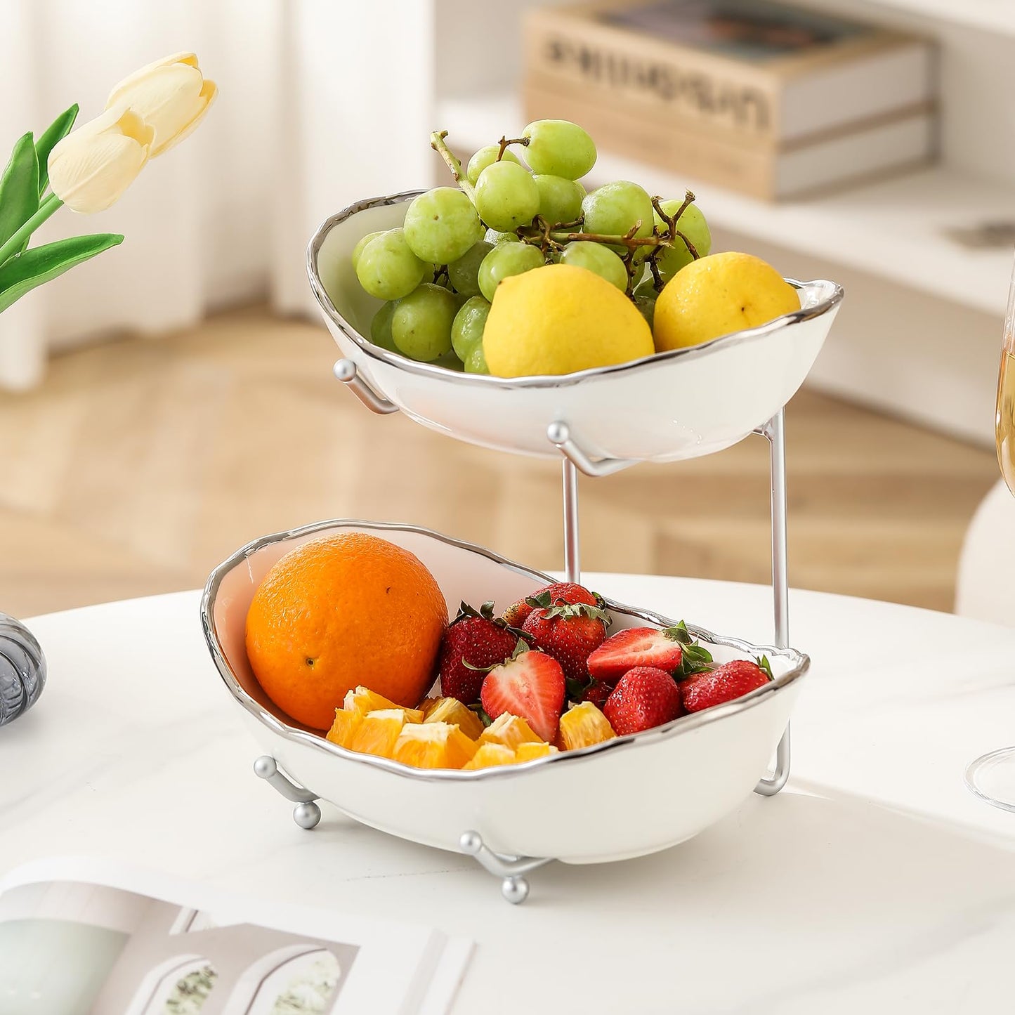 HOMKULA 2 Tier Ceramic Fruit Bowl for Kitchen Counter, Tiered Fruit Basket for Countertop, Modern Multi Layer Fruit Display Stand for Party, Cute (Silver-rimmed, Small)