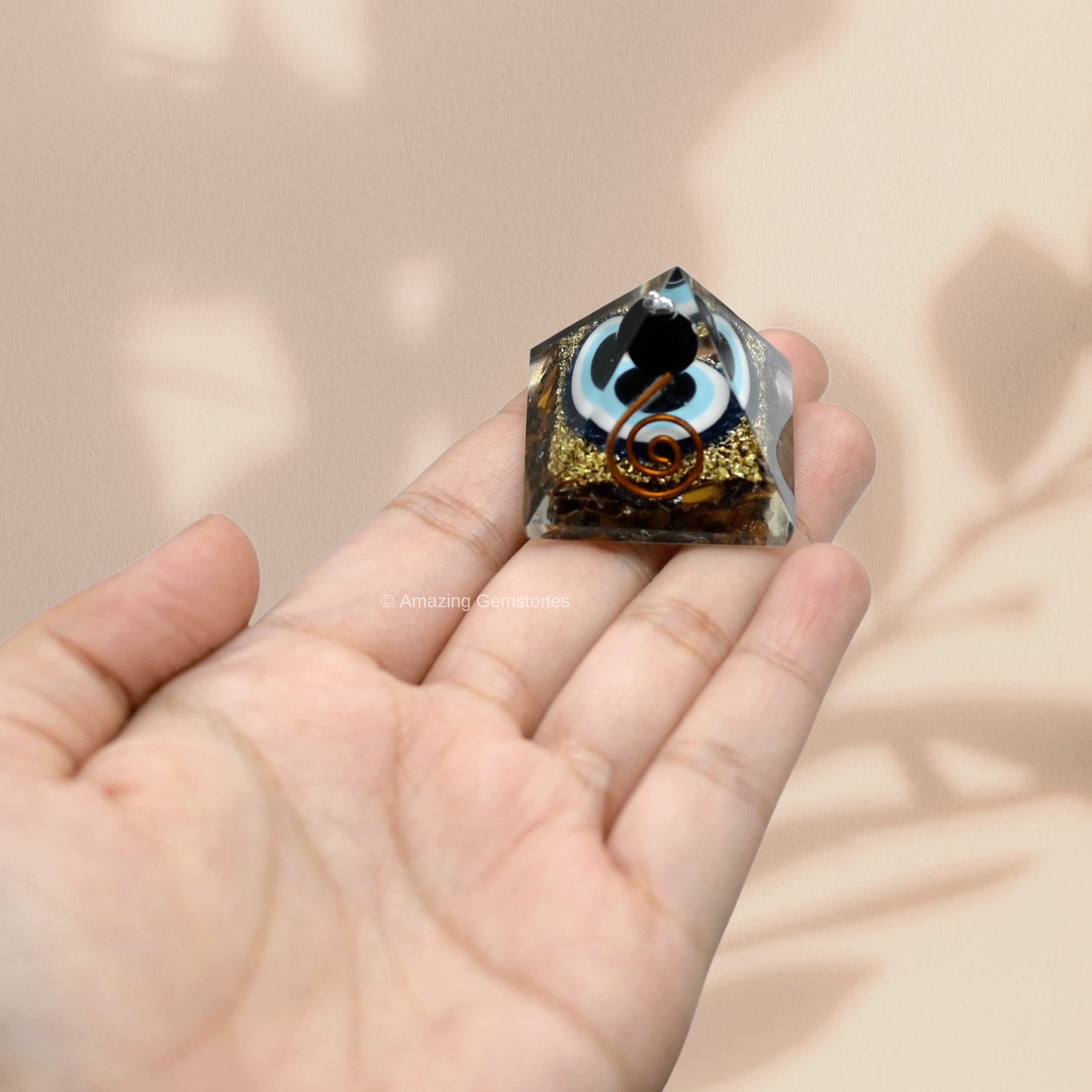 Amazing Gemstone Ultimate Protection Orgone Pyramid with Evil Eye Black Obsidian Sphere - Triple Protection Crystals Tiger Eye Hematite & Black Obsidian (30mm, Small)