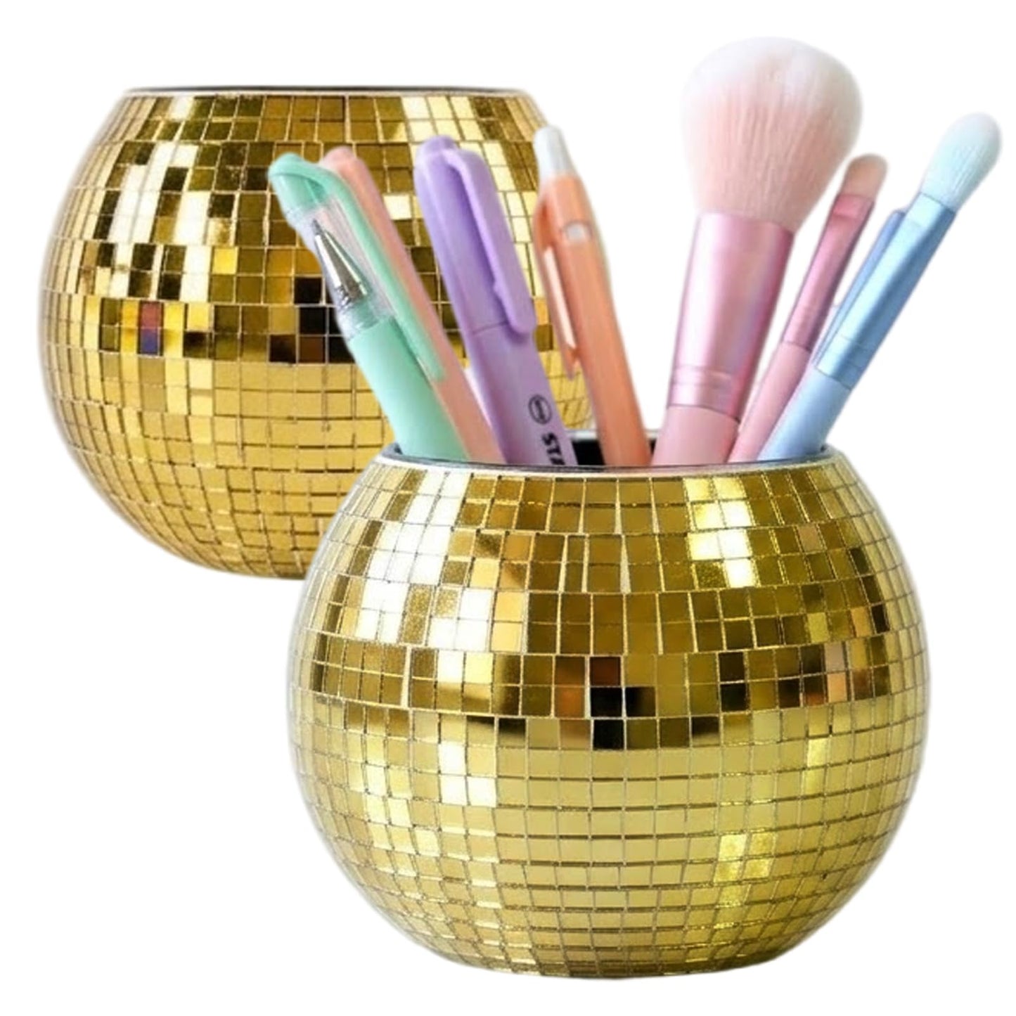SILFGRLF 2 PCS Disco Ball Pencil Holder for Desk - Cute Office Decor & Makeup Brush Organizer, 4 Inch Sparkly Glass Pen Cup, Fun Desk Accessories for Women (GOLD)