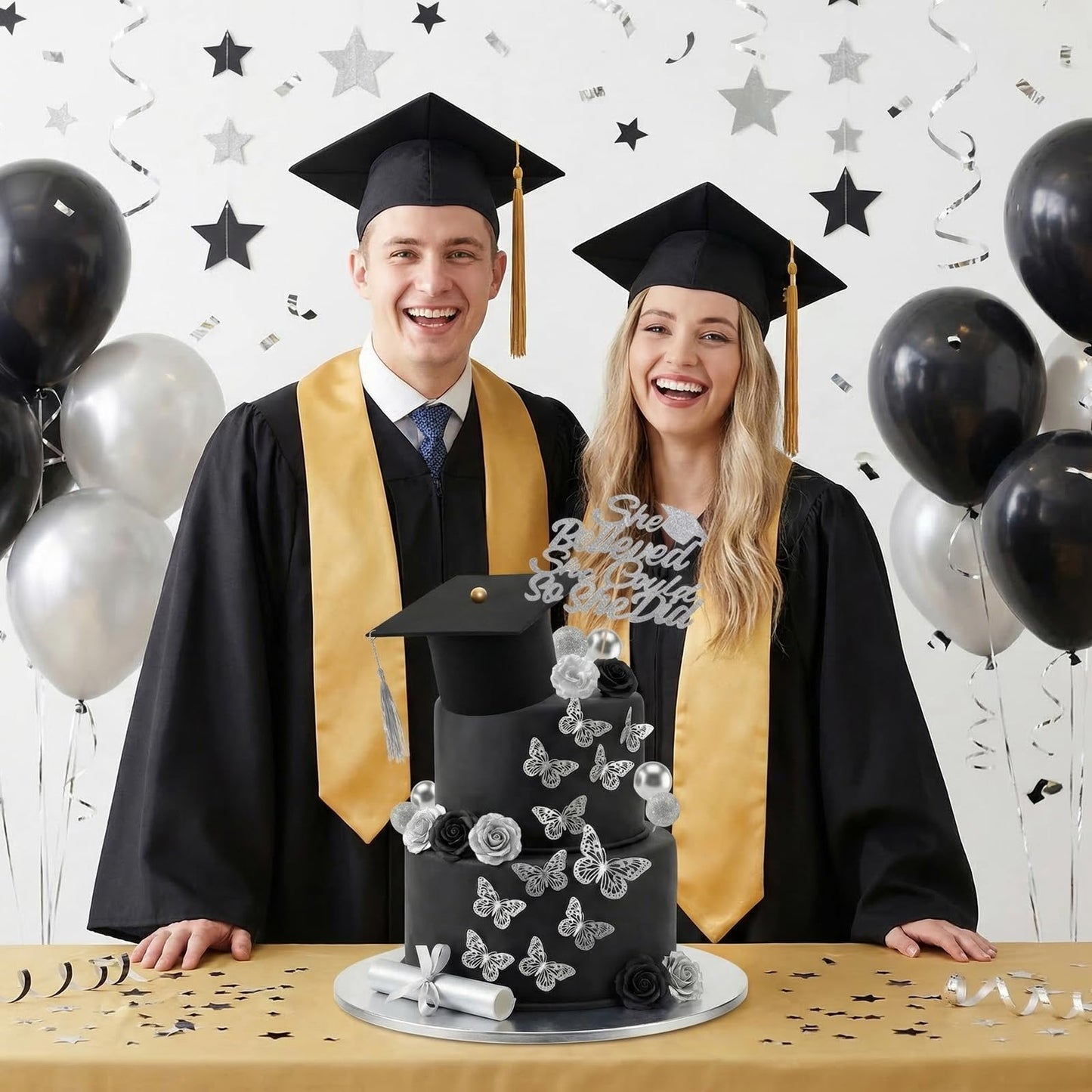 35 Pcs Graduation Cake Toppers Class of 2026 Graduations Cap Diploma She Believed She Could Beads Flowers Butterfly Cake Decorations for 2026 Graduation Party Supplies