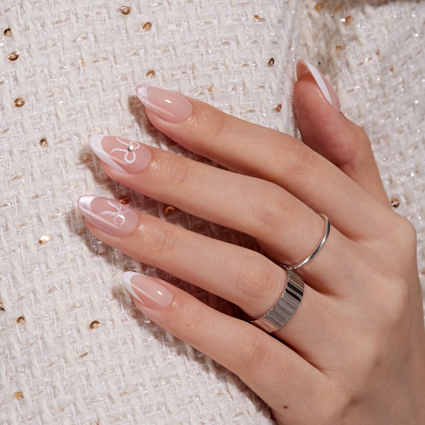 VSALON Short Almond Press-On Nails - 32 PCS French Tip Main Nails in 16 Sizes & 10 PCS Pink Alternative Nails - Reusable Fake Nail Kit with UV Glue, Easy Tabs, Nail Glue Remover & Nail Lamp