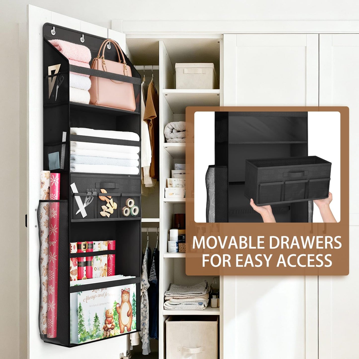 Over Door Wrapping Paper Organizer Storage with Removable Drawer & Side Pockets, Multi-Purpose Over the Door Gift Wrapping Organizer for Gift Bags, Paper, Ribbons, Bows, Ornament and Other Tools