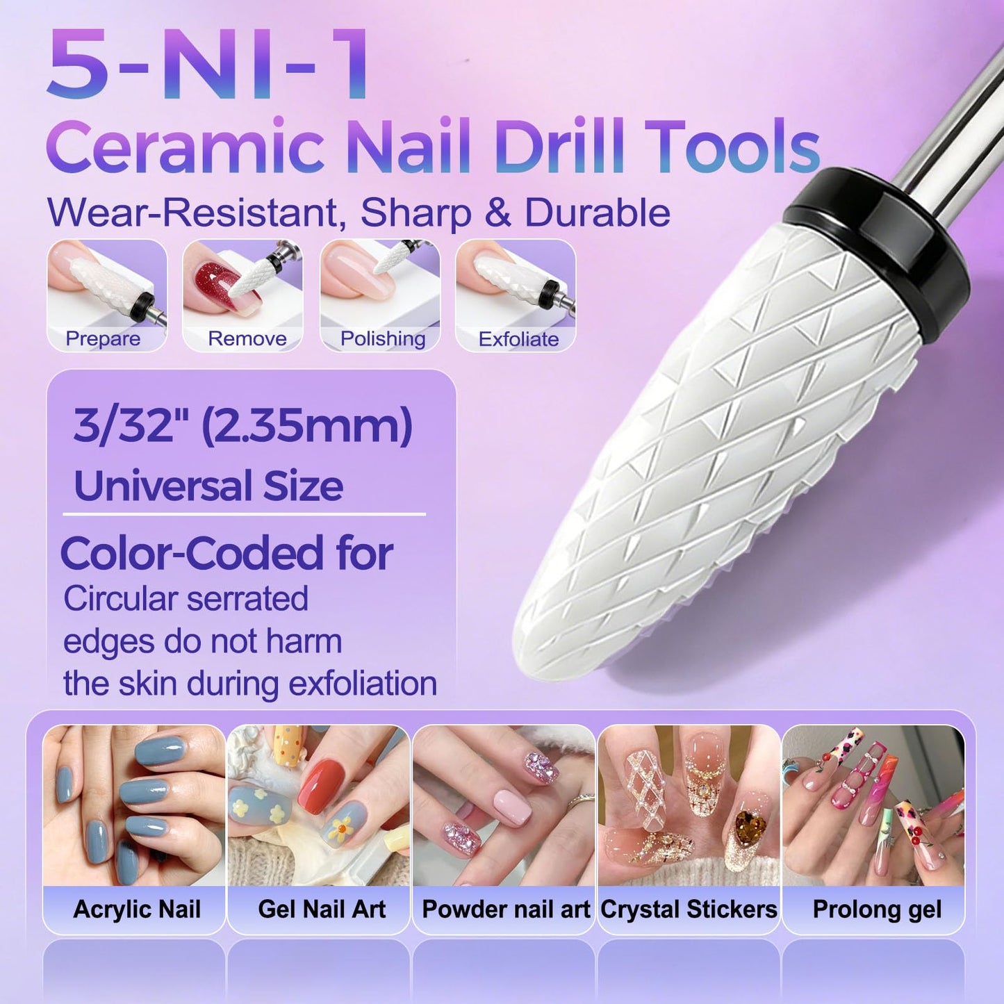 Fantexy Ceramic Nail Drill Bit - 3/32'' Cone Shape White Ceramic Bit for Acrylic & Gel Nails, White Ceramic Cone File Bit for Nail Art,Manicure,Pedicure,Gel,Cuticle Clean(Extra Coarse - XC)
