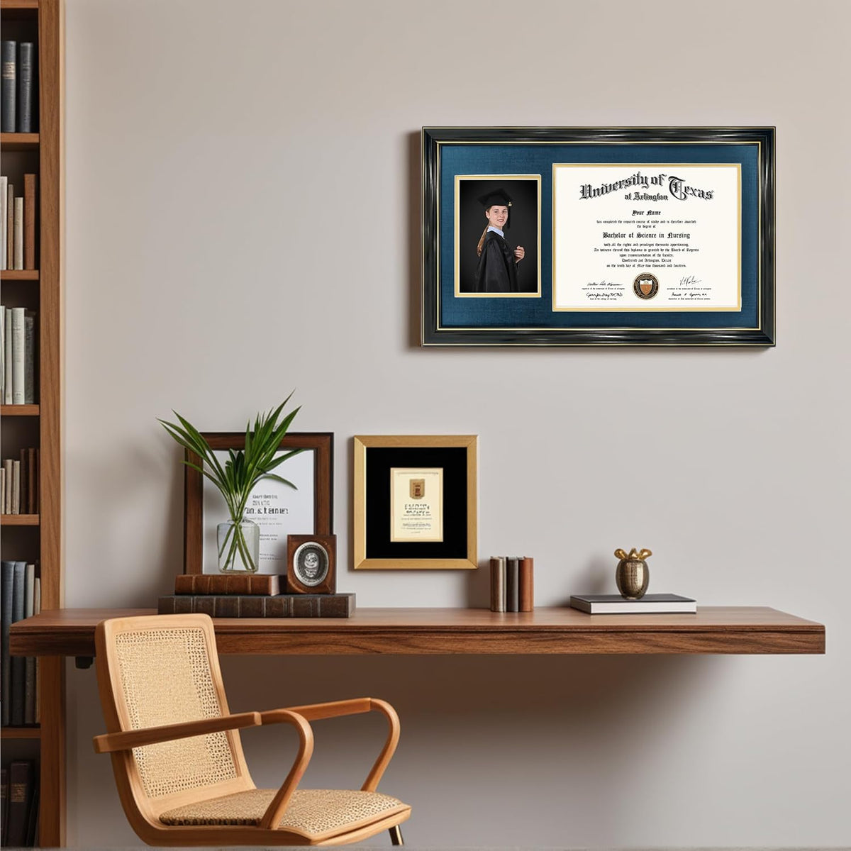 GraduationMall 11x19 Black Diploma and Photo Frame for 8.5x11 Certificate,5x7 Picture,Tempered Glass,Navy Blue over Gold Double Mat