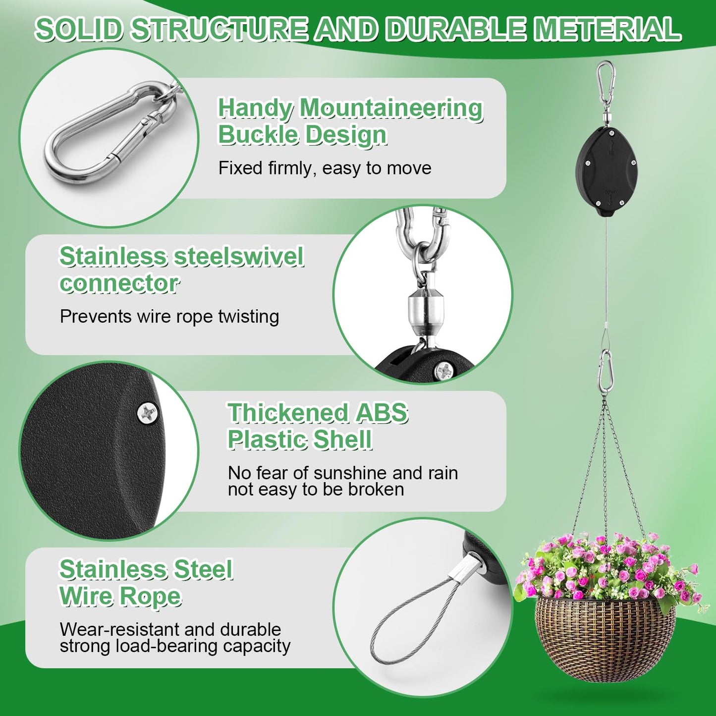 3 Pack Heavy Duty Retractable Plant Hangers Adjustable Pulleys with 63" Pull-Down Design Stainless Steel Rope Double-Headed Hooks for Hanging Baskets Bird Feeders Planters and Pots Supports up to 45lb