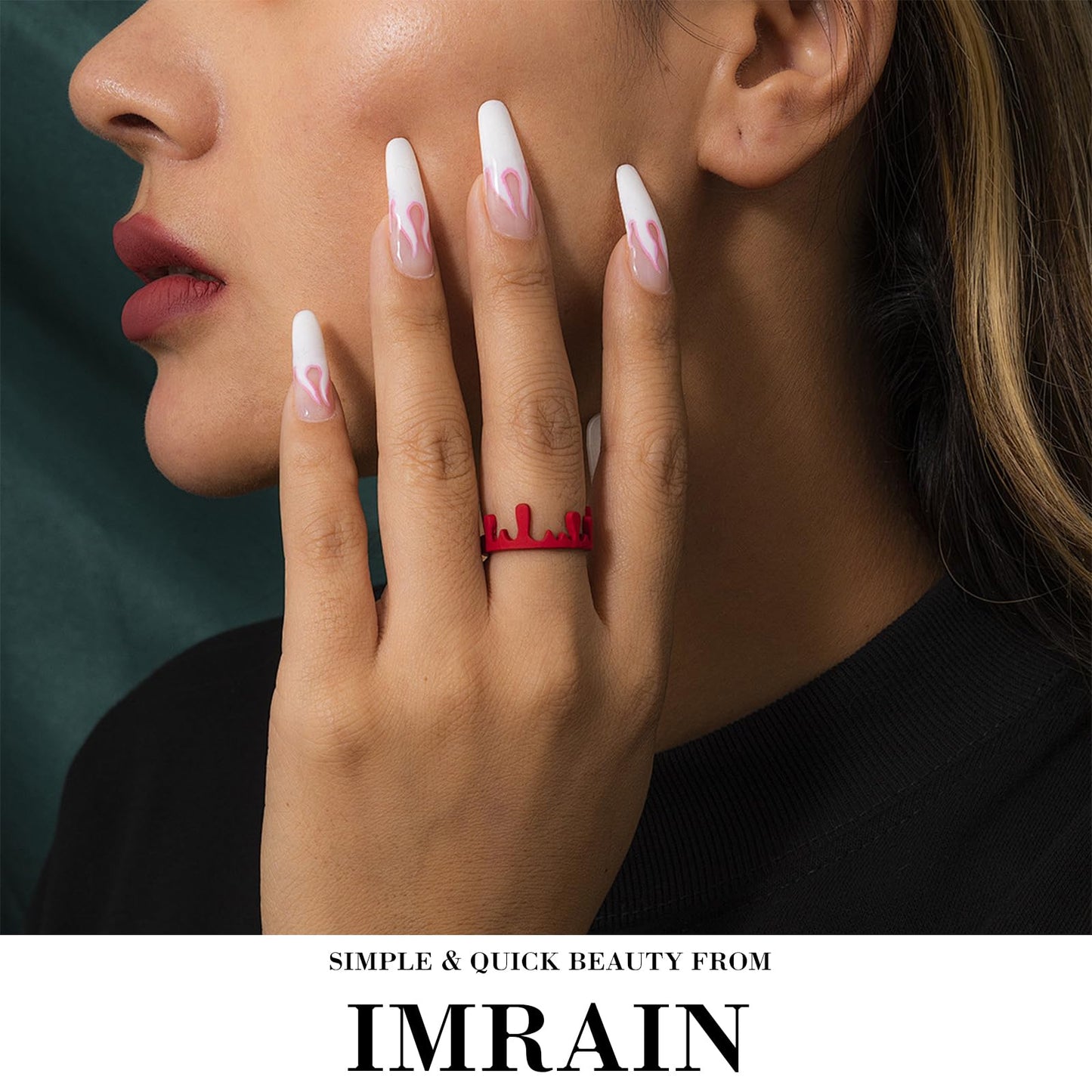 IMRAIN Press on Nails Long Square Fake Nails White French Tips False Nails with 3D Golden Bow Designs Full Cover Glue on Nails for Women