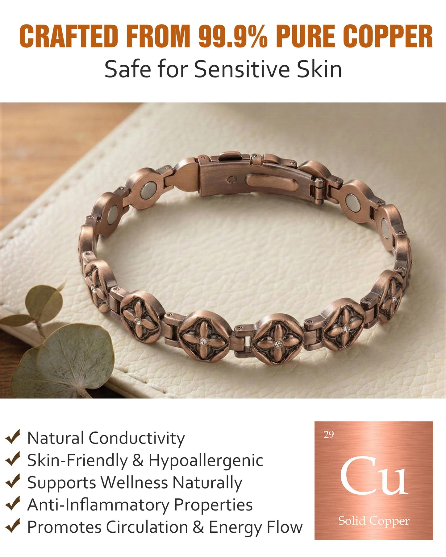 Jecanori Pure Copper Bracelet for Women, Flower Copper Magnetic Bracelet With 3500 Gauss Magnets, Adjustable Jewelry Gift with Sizing Tool