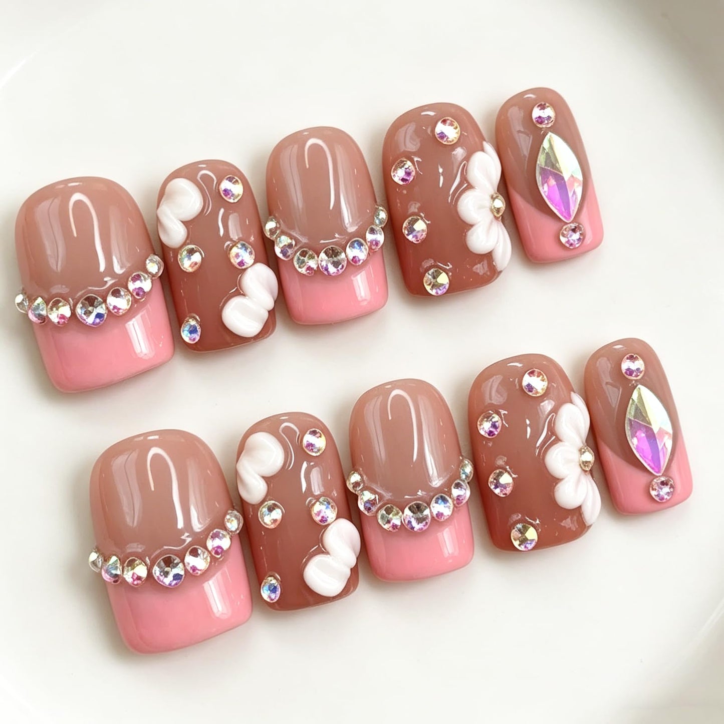 Luxury Press on Nails Short Square Handmade 3D Unique Reusable ABS Material Fake Nails French Tip False Nails with Rhinestones Flower Designs Pink Elegant Glossy Glue on Nail Thick Acrylic Nail(M)