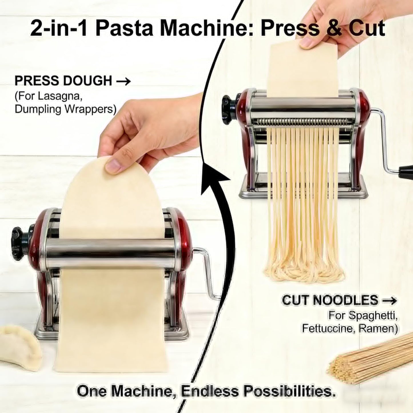LEONEBEB Pasta Maker Stainless Steel – 2-in-1 Manual Noodle Machine with 2mm & 4mm Cutters, Adjustable Thickness 0.1-5mm for Spaghetti, Fettuccine, Ramen, Dumpling Wrappers