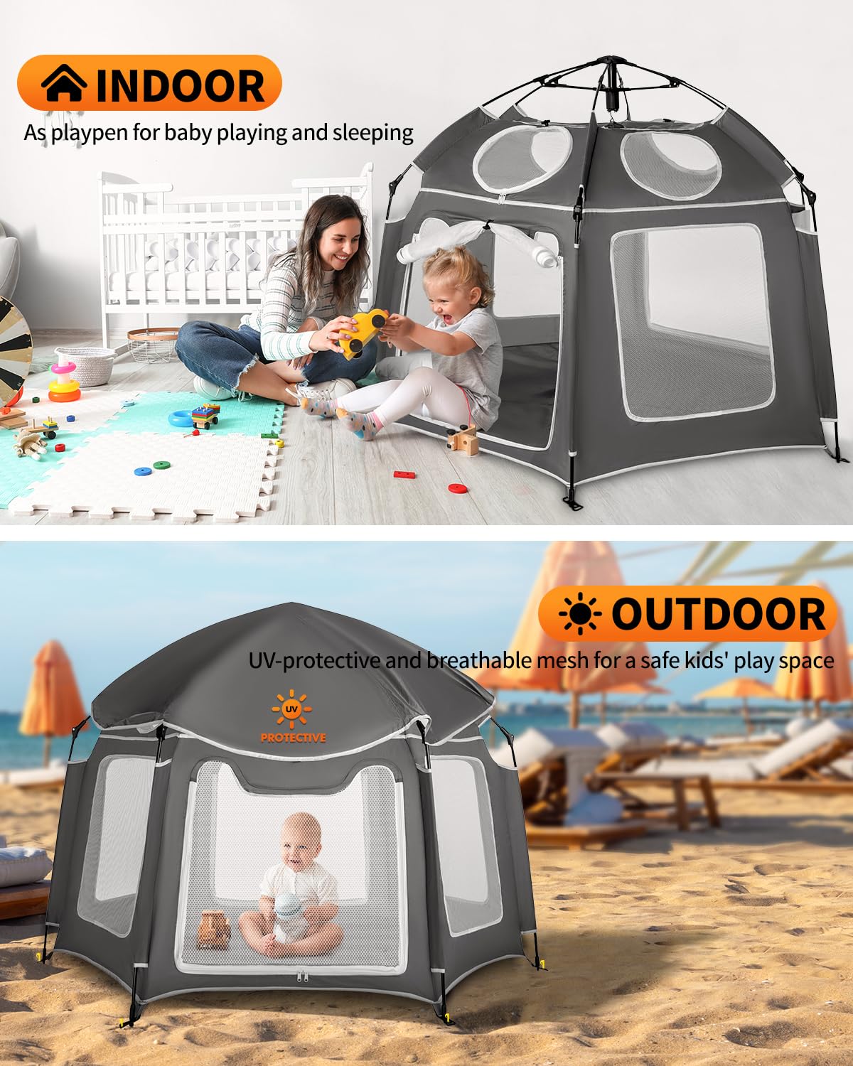 Pop-Up Portable Baby Playpen with UV Canopy, Waterproof Outdoor & Indoor Play Tent, Breathable Mesh Sides, Quick Setup Folding Baby Play Yard with Carry Bag & Stakes 59"