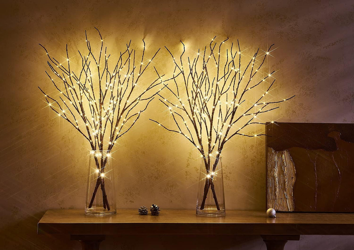 Fudios Lighted Twigs and Branches for Vases Plug in 32in Tall,Brown Willow Tree Branches with Lights 150 LED Outdoor Indoor Holiday Party Decor Gift 2Sets