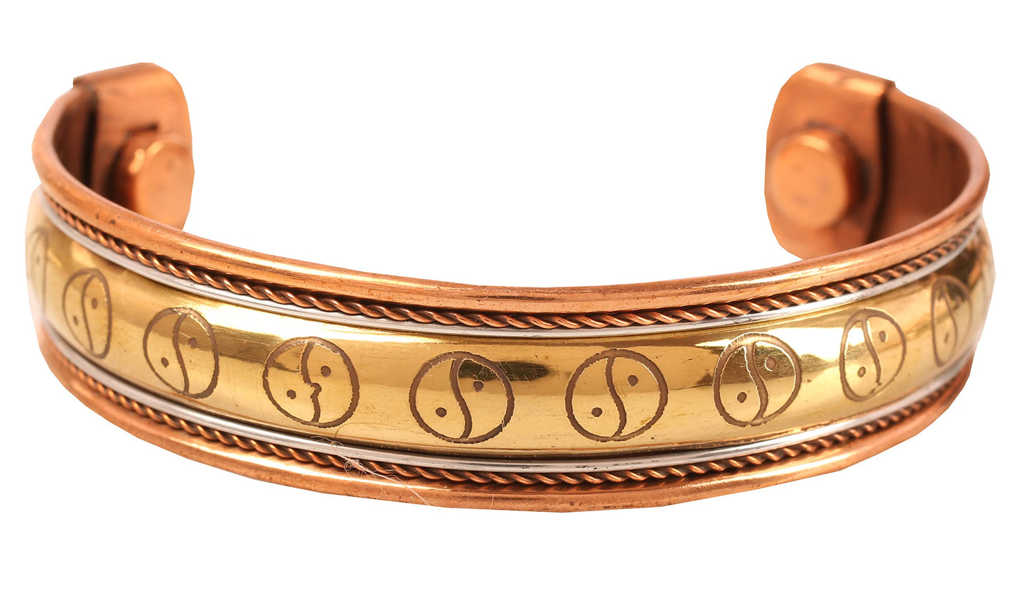 Touchstone handcrafted magnetic copper bracelet. Hand forged with solid and high gauge Tibetan style engraved cuff pure copper jewelry for women men. Yin Yang Pattern