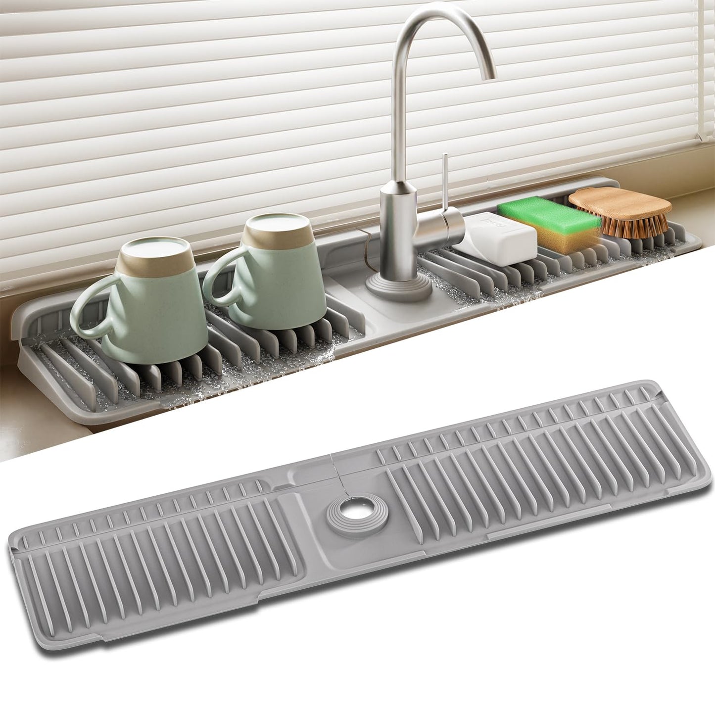 SOCORIA Faucet Mat for Kitchen Sink, 24 Inch Longer Silicone Sink Splash Guard, 7°Slope Fast Self-draining, Fast Drying Tidy Faucet Mat Splash Guard