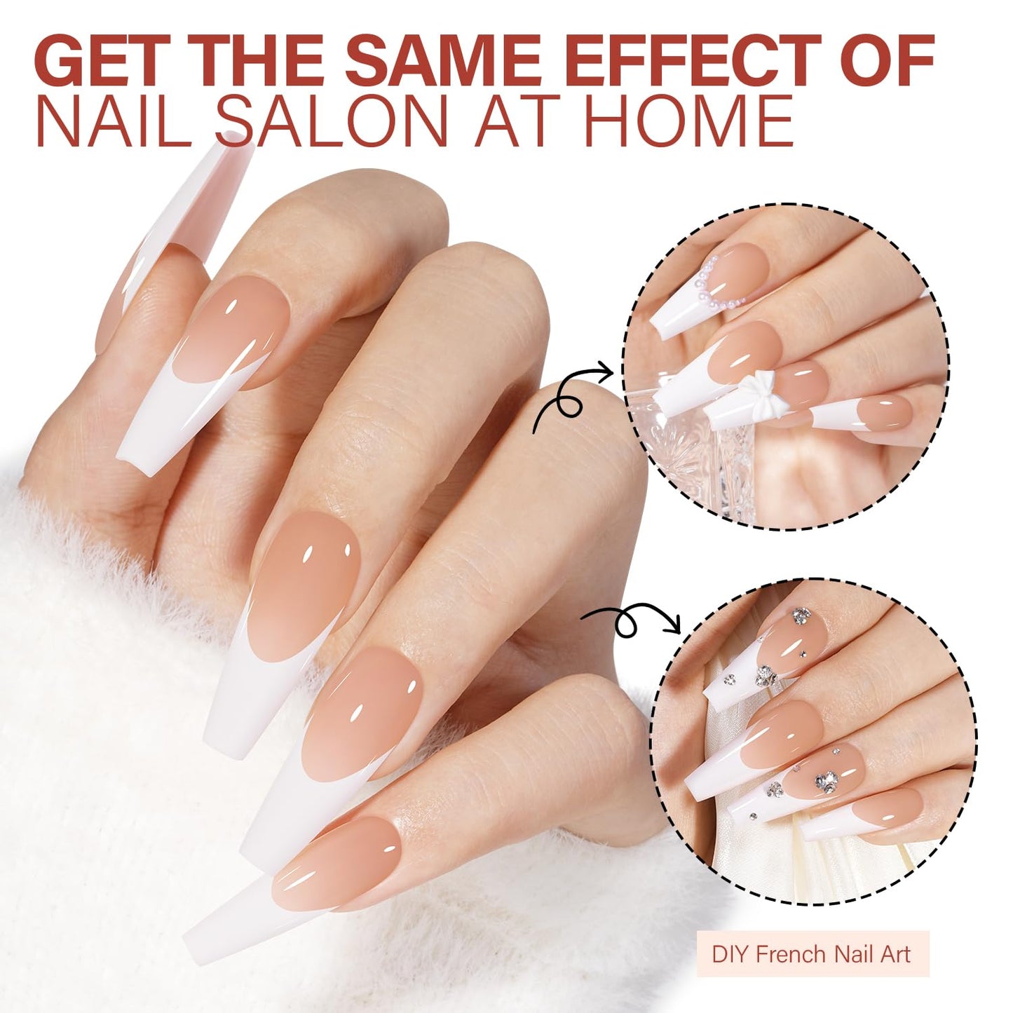 AILLSA French Gel Nail Tips, 180 Pcs French Tip Press On Nails Long Coffin Brown, Pre-Applied Primer & Base Coat, No Need File, Soft Nail Tips, Fake Nails for Nail Art DIY 15 Sizes