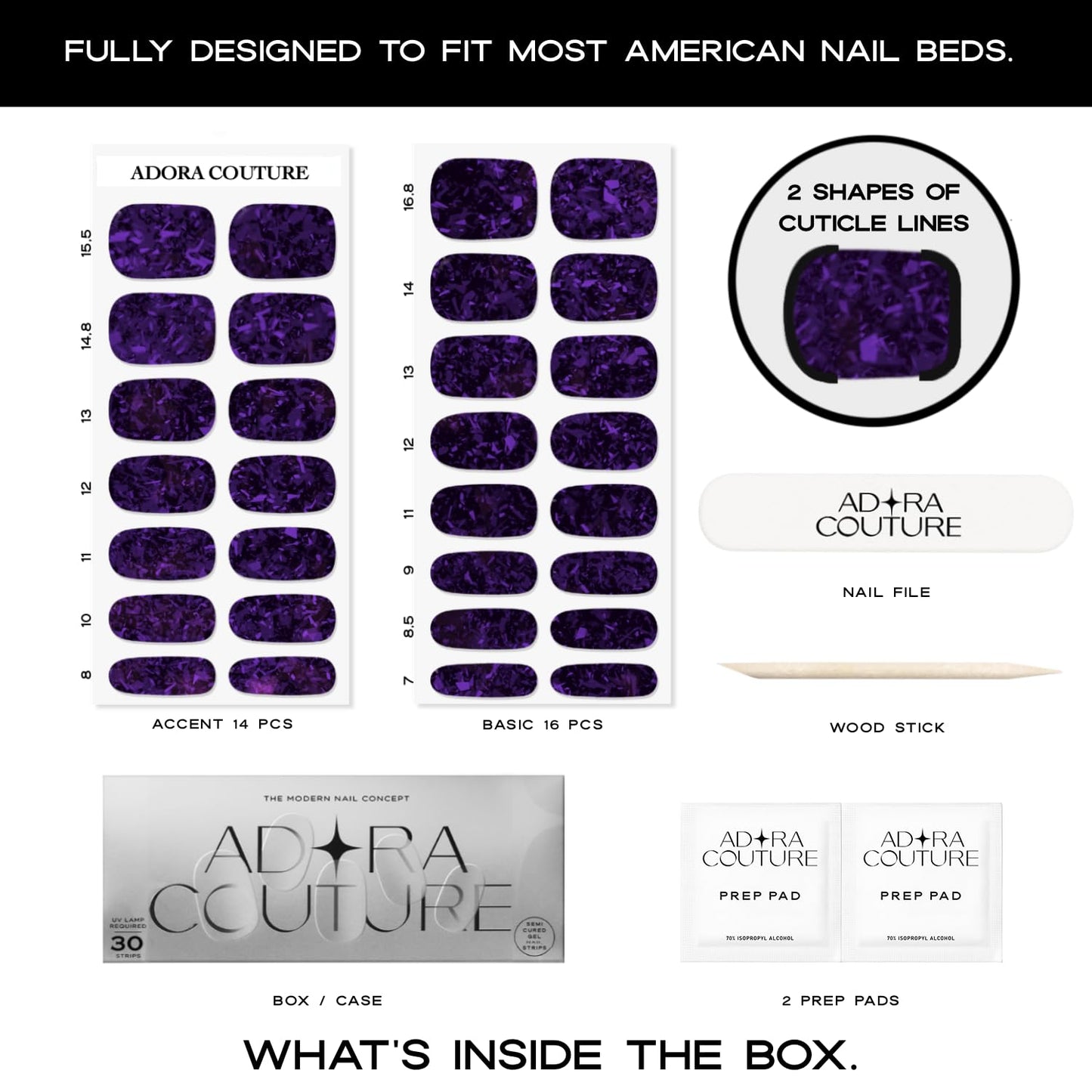 Adora Couture Semi Cured Gel Nail Strips with 30 Pieces - UV Gel Stickers, Manicure Kit, Easy Application Wraps Includes Prep Pads, Nail File, Wooden Stick - UV Light Required (Purple Flake)