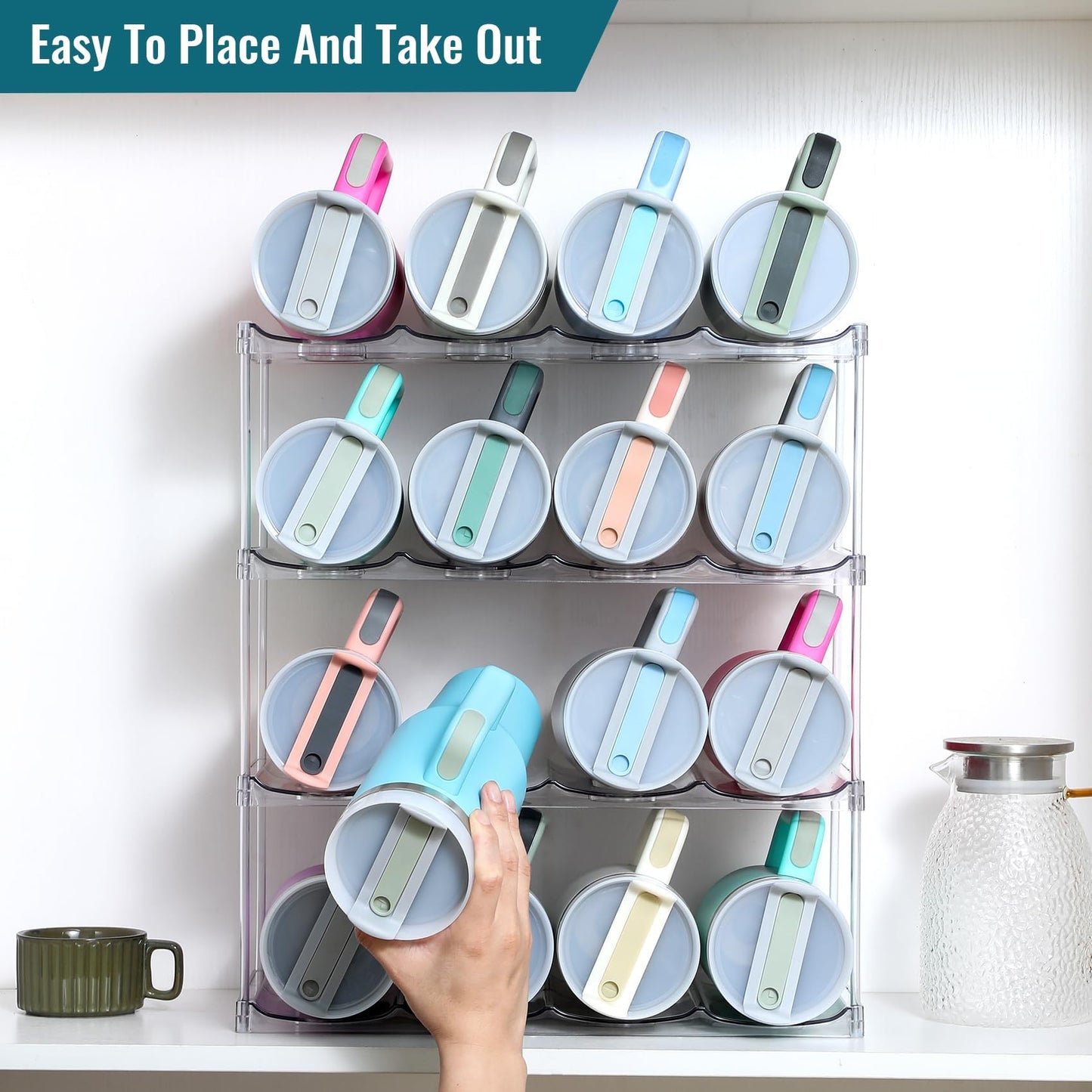 Design for Stanley 40 OZ & Large Bottles & Tumblers with Handle - Acrylic Water Bottle Organizer - Stackable Clear Wine Rack Cup Holder for Home Kitchen Pantry Shelf Countertop Cabinet, 4 Tier Hold 16