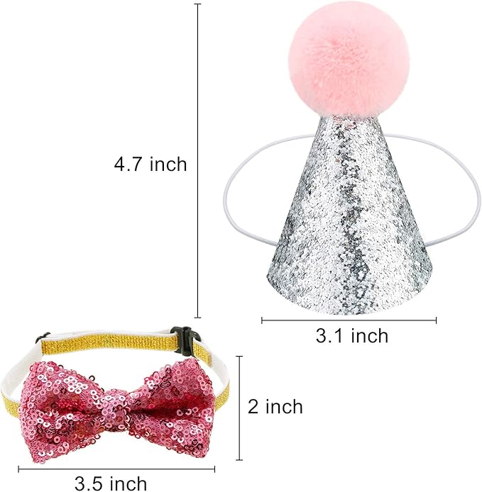 Satinior 4 Pcs Cat Birthday Hat Bow Tie Set, Lake Blue and Pink, Style A