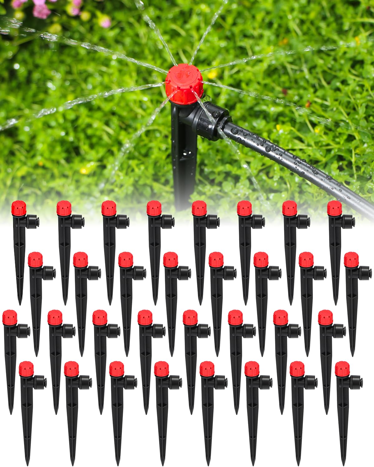 Landtouch 36 Pack Drip Irrigation Parts, Quick Connect 8-Outlet Adjustable 360° Emitters for Garden & Farm Irrigation Systems